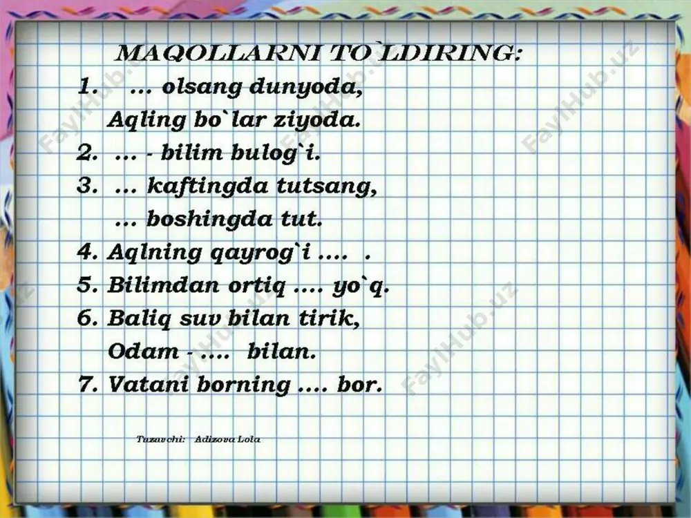 axo‘rning asosiy shiori nima edi? 2. siz o‘z vaqtingizni qanday taqsimlashingizni daftaringizga yozing. 3. qoyilbek va ziyrakbek nima uchun tanlov uyushtirishdi? nega bo‘rsildoq mukofot olmadi? 5. siz ertakdan qanday xulosa chiqardingiz? buxoro. vobkent 27 adizova lola buxoro. vobkent 27 adizova lola siz ham o ‘zingizga “men vaqtdan unumli foydalanyapmanmi?” deb savol berib ko ‘ring-chi. buxoro. vobkent 27 adizova lola uyga vazifa. o‘qib kelish. 38-42-betlar. image1.jpeg image2.jpeg image3.jpeg /docprops/thumbnail.jpeg