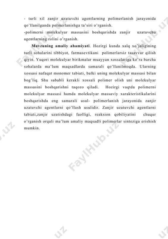o’llanilishi va ularni polimerlanish jarayoniga ta’siri 1.4.polimerlanish jarayonida maxsus moddalar-zanjir uzatuvchi agenlarning qo’llanilishi va ularning polimerlanish jarayoniga ta’siri 1.4.1.zanjir uzatuvchi agentlar – allil birikmalari va ularni radikal polimerlanish jarayoniga ta’sirini o’rganish xulosalar foydalangan adabiyotlar ro’yxati ilova kirish yuqori molekulyar birikmalar kimyosi sohasidagi tadqiqotlar o’zbekiston iqtisodiyotini rivojlantirishning e’tiborga loyiq yo’nalishlarning , shuningdek ,dunyo miqyosida ilm-fanning umumiy rivojlantirish tendensiyalariga mos kelmog’i lozim [1.] hozirgi vaqtda yuqori molekulyar birikmalar kimyosi sohasida maxsus maqsadlarda qo’llanuvchi polimerlarning yaratilishi uchun asos bo’lib xizmat qiluvchi ilmiy tadqiqotlar juda muhim ahamiyatga ega [2]. ma’lumki , butun dunyo bo’yicha olinayotgan polimerlarning ko’pchiligi radikal polimerlanish orqali sintez qilinadi.bu sintez jarayonini oson yo’l bilan amalga oshirish va ushbu sharoitda polimerlanuvchi monomerlar juda ko’pchilik qismni tashkil qilishi bilan bog’liq . sintez qilingan polimerlarning amaliy maqsadlarda qo’llashda polimerlarning molekulyar massasi muhim o’rin tutadi . ishning dolzarbligi. polimerlar ma’lum optimal xossalarni molekulyar massaning ma’lum intervalida namoyon qiladi. bu esa radikal polimerlanish jarayonida polimerlarning molekulyar …