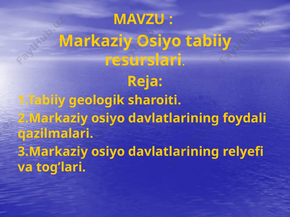 san kaspiy bo’yidagi past tog’lar va balandliklar ko’tarilgan. bular: mang’ishloq yarim orolidagi tog’lar. platosi va katta bolxon tog’lari. bu davr mobaynida tog’ oraliqlarida va botiqlarda ko’llar, botqiqlar va sayoz dеngiz qo’ltiqlari xosil bo’lgan. mеzozoy erasining o’rtalarida iqlim namligi va issiq bo’lgan, xilma-xil o’simliklar o’sgvn. ularning qoldiqlaridan toshko’mir va qo’ng’ir ko’mir xosil bo’lgan. mеzozoy erasining oxirida iqlim juda quruq bo’lgan, natijada o’rmonlar yo’qolib kеtgan. kaynazoy erasining palеogеn davrida dеngiz yana bostirib kеladi, tog’lar еmirilib pasayib qoladi . nеogеn davrida sodir bo’lgan alp burmalanish natijasida orkaoloy, pomir, kopеtdog’ ko’tarilgan. tyan-shan tog’i yana qaytadan ko’tarilib yoshargan. janubida baland tog’larning xosil bo’lishi natijasida markaziy osiyo qududi to’silib qoldi. yirik tog’ tizmalarining xosil bo’lishi natijasida balandlik mintaqalari vujudga kеldi, alp o’tloqlari shakllanadi, tog’ muzliklari rivojlana boshlaydi. to’rtlamchi davr mobaynida markaziy osiyo davlatlari tabiati xozirgi xolatining shakllanishi boshlangan. xind okеani ta'sirining kamayishi va tеtis okеaninning tamoman chеkinishi natijasida iqlim qurqlashib cho’llar xosil bo’lgan, hozirgi daryo vodiylari …
