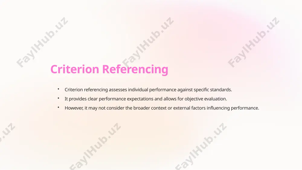 imitations of norm referencing 1 unhealthy competition norm referencing may foster unhealthy competition among individuals, leading to performance-driven stress. 2 dependence on norm group the norm group's composition and characteristics can significantly impact the evaluation's validity. 3 inequality amplification norm referencing can exacerbate existing inequalities and discourage collaboration. 7 conclusion while criterion referencing and norm referencing have their benefits and limitations, a thoughtful combination of both approaches can provide a comprehensive evaluation framework. 8 image1.png image2.png image3.png image4.png image5.png