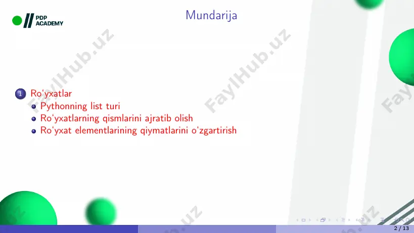 chorshanba ', 1, 2, 3] 2 print(kunlar [-4]) natija: chorshanba 6 / 13 ro‘yxatlarning qismlarini ajratib olish ro‘yxatning ma’lum bir qismini ajratish olish zarurati paydo bo‘lsa, u holda var_name[start_index:stop_index] sintaksisdan foydaniladi. 1 indekslar = ['bir', 'ikki', 'uch', 'to\'rt', 'besh'] 2 print(indekslar [2:4]) natija: [’uch’, “to‘rt”] 7 / 13 agar start_index yoki stop_index laridan biri bo‘lmasa, u holda ajratib qolishni boshidan boshlaydi yoki oxirigacha davom etadi. har ikkalasi ham bo‘lmasa, ro‘yxatning o‘zini qaytaradi. 1 indekslar = ['bir', 'ikki', 'uch', 'to\'rt', 'besh'] 2 print(indekslar [2:]) natija: [’uch’, "to’rt", ’besh’] 1 indekslar = ['bir', 'ikki', 'uch', 'to\'rt', 'besh'] 2 print(indekslar [:2]) natija: [’bir’, ’ikki’] 8 / 13 ro‘yxat elementlarining qiymatlarini o‘zgartirish python ro‘yxatlari o‘zgaruvchan bo‘ladi, ya‘ni element qiymatlarini o‘zgartirish, yangi element qo‘shish va olib tashlash imkoniyatini beradi. 1 ranglar = ['oq', 'qora', 'qizil', 'sariq'] 2 ranglar = ['oq', 'qora', 'qizil', 'sariq', 'yashil ', 'pushti '] 3 print(ranglar) natija: [’oq’, ’qora’, ’qizil’, ’sariq’, ’yashil’, …