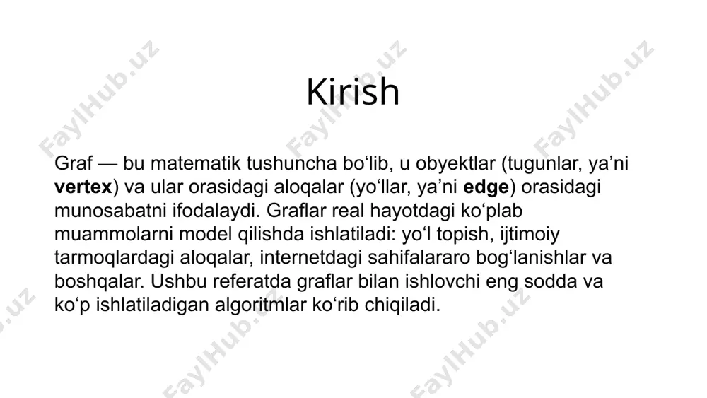 i ifodalash usullari graflarni kompyuterda ifodalashning ikki asosiy usuli bor: qo‘shnilar ro‘yxati (adjacency list) – har bir tugun uchun unga tutash tugunlar ro‘yxati. qo‘shnilar matritsasi (adjacency matrix) – kvadrat matritsa, har bir (i, j) element qirra bor-yo‘qligini bildiradi. ijtimoiy tarmoqlarda graf algoritmlari ijtimoiy tarmoqlarda foydalanuvchilar orasidagi munosabatlarni tahlil qilishda qo'llaniladi. ular o'zaro aloqalarni, o'zaro bog'liqliklarni, va eng yaqin do'stlarni aniqlashda yordam beradi. masalan, graflar yordamida turli foydalanuvchilar o'rtasida ma'lumot tarqatish tezligini baholash mumkin. transport tizimlarida transport tizimlarida graf algoritmlari yo'l tarmog'i, marşrutlar va tashish samaradorligini o'rganishda qo'llaniladi. ular eng samarali transport yo'llarini aniqlash va transport oqimlarini optimallashtirishda yordam beradi. dijkstra algoritmi va a* algoritmi kabi usullar ushbu sohada keng tarqalgan. graf algoritmlari, ma'lumotlar tahlilida murakkab bog'lanishlarni aniqlash va ma'lumotlar ustida qidiruv o'tkazish uchun ishlatiladi. ular katta ma'lumotlar mog'orida qiziqarli naqshlarni aniqlashda yordam berishi mumkin, masalan, aloqalar va tendentsiyalarni tahlil qilish orqali yaxshilash uchun qo'llaniladi. ma'lumatlar tahlilida xulosa sodda graflar bilan …
