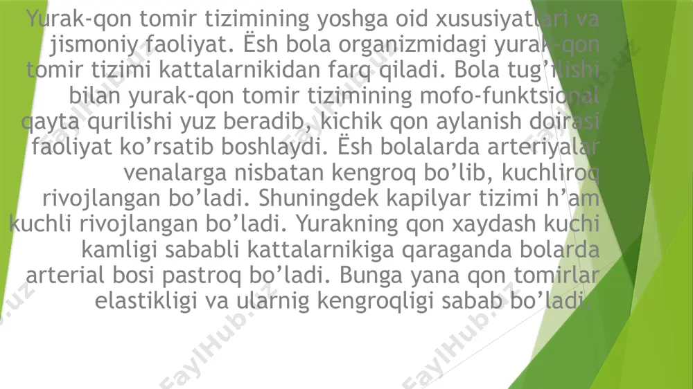 adi bola bir necha h’afta vo oylik bo’lguncha qon tomirlar va yurakning o’ng va chap tomonlari orasida turli ko’rinishdagi aloqalar, bo’lmachalar orasidagi oval teshikcha, arterial oqim yo’li, kichik qon aylanish doirasidagi arteriolo-venulyar anastamozlar va boshqalar saqlanib qoladi. bular natijasida qon yuqori bosimli kameradan kichik bosimli kameraga qisman oqib o’tadi. bazi h’ollarda (o’pka gipertenziyasi, nafas olishdagi etishmovchiliklar) o’pka arteriyasida va yurakning o’ng kameralarida bosim oshib, qon oqimi buzilishi, arterial qonning venoz qon bilan qo’shilib ketishi (o’ngdan chapga shuntlanish) yuz berishi mumkin. ёsh bola orgaizmida qon tomirlari ancha keng bo’ladi. venalar kengligi arteriyalar kengligiga teng bo’ladi. venalar jadallroq o’sib, 15-16 yoshga borib arteriyalardan 2 barobar keng bo’lib qoladi. 10 yoshgacha aorta o’pka arteriyasidan torrroq bo’ladi, asta-sekin ular diametri tenglashadi va bolog’at yoshga borib aorta diametri o’pka arteriyasidan katta bo’lib qoladi. ёsh organizmda kapillyarlar yaxshi rivojlanga bo’ladi. katta odamlarnikiga qaraganda ularning o’tkazuvanlik xususiyatlari yuqori bo’ladi. kapillyarlar kengligi va ularning ko’pligi qon turib qolish …
