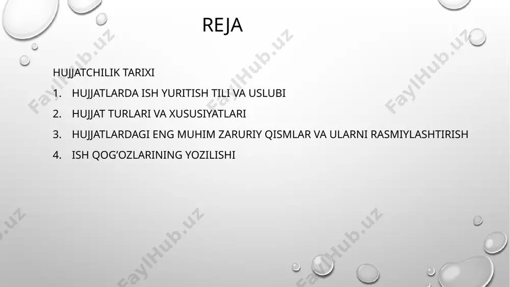 nalashgan holda guruhlantirish mumkin. hujjatshunoslikdagi ana shu an’anaga ko‘ra ish yuritishdagi hujjatlar quyidagicha tasniflanadi: 1.tuzilish o‘rniga ko‘ra ichki va tashqi hujjatlar farqlanadi: ichki hujjat – muassasa yoki korxonani o‘zida tuziladigan va shu korxona ichida foydalaniladigan hujjatlardir. bularga xodimning shaxsiy varaqasi, majlis bayonnomasi, ichki buyruq va boshqalar kiradi. tashqi hujjat – korxonaga, boshqa tashkilot va ayrim shaxslardan keladigan hujjatlardir. bularga taklifnoma,ishonchnoma, yo‘riqnoma, kafolat xati, tavsiyanoma va boshqalarkiradi. 2.mazmuniga ko‘ra sodda va murakkabhujjatlar farqlanadi: sodda hujjat – bir masalani o‘z ichiga oladigan hujjatdir. bularga ariza, e’lon, tilxat, kafolat xati va boshqalar kiradi. murakkab hujjat – bir necha masalani o‘z ichiga olgan hujjatdir. bularga shartnomalar ma’lumotnoma, rejalashtirilgan hisobot hujjatlari va boshqalar kiradi. 3.mazmun bayonining shakli jihatidan xususiy, namunaviy, qoliplihujjatlar farqlanadi. xususiy hujjatlar – tashkilotlarda matnning o‘ziga xosligi, betakrorligi, mazmun bayoni erkin bo‘ladigan hujjatlardir. bularga xizmat, so‘rov, iltimos, javob, kafolat, axborot xatlariva boshqalarkiradi. namunaviy hujjatlar – boshqaruvning muayyan bir vaziyatlari bilan bog‘liq, bir-biriga o‘ …