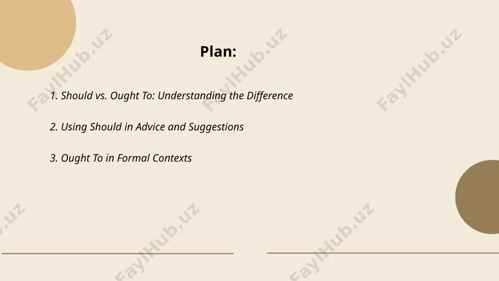 " is considered more formal and less frequent in casual speech. it operates the same way grammatically, followed by a base verb, and does not change form according to the subject. despite its formality, it remains a useful term for conveying strong recommendations or expected actions in appropriate contexts. ... t.me/slaydai_bot 4. should for obligation and duty "should" is used to indicate obligation or duty, suggesting what is proper or advisable. it is often employed in guidelines or rules, such as in legal, ethical, or social contexts. for example, "you should wear a seatbelt" suggests a legal obligation, as most jurisdictions require it for safety. in ethical contexts, "doctors should maintain patient confidentiality" highlights professional duty. similarly, in social settings, "you should say thank you" reflects expected social behavior. these usages help guide behavior towards compliance with responsibilities or expectations, ensuring safety, professionalism, and courtesy. proper use ensures clarity in …