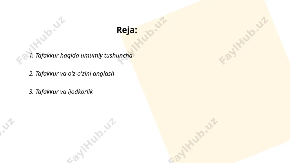 hug'ullanish stressni kamaytirib, muammolarni hal qilishda yordam beradi. miyani mashq qildirish orqali inson iq darajasini 10 foizgacha oshirish mumkin. tafakkur va ijodkorlikni yanada kuchaytirish uchun muntazam ravishda yangi ko‘nikmalarni o‘rganish va turli fikriy mashqlarni bajarish tavsiya etiladi. ... t.me/slaydai_bot 4. tafakkur va mantiqiy fikrlash tafakkur va mantiqiy fikrlash insonning ongli qarorlar qabul qilishida muhim rol o'ynaydi. tafakkur jarayoni har kuni insonning taxminan 70,000 gacha fikrlarini tashkil qiladi. aristotel mantiqiy fikrlashning asoschisi hisoblanadi va uning nazariyalari hozirgi zamon mantiqiy tizimlarida ham qo'llaniladi. inson miyasi bir sekundda 20 million bit axborotni qayta ishlash qobiliyatiga ega. mantiqiy fikrlash qobiliyatlari rivojlatirilishi mumkin va bunda matematik muammolar yechish, mantiqiy o'yinlar o'ynash, va muammoni tahlil qilish kabi mashqlardan foydalanish mumkin. turli tadqiqotlarga ko'ra, mantiqiy fikrlash qobiliyatini oshirish uchun kundalik ravishda yangi malakalarni o'rganish tavsiya etiladi. ... t.me/slaydai_bot tafakkur va diniy mushohada, yoki diniy meditatsiya, islomda muhim tushunchalardandir. u qur'onda "tafakkur" va "tadabbur" sifatida tilga olinadi. bu …