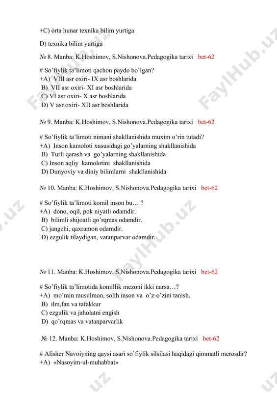 a erishish yo’lida 4 bosqichdan o’tish kerakligini aytadilar,shulardan birinchi bosqich qaysi? +a) shariyat b) tariqat c) marifat d) haqiqat № 17. manba: k.hoshimov, s.nishonova.pedagogika tarixi bet-63 # so’fiylar oqimining tarafdorlaridan bo’lgan eronlik abu yazdit tayfur al-bistomiy qachon vafot etgan? +a) 875 yilda b) 887 yilda c) 880 yilda d) 873 yilda № 18. manba: k.hoshimov, s.nishonova.pedagogika tarixi bet-65 # so’fiylar oqimining tarafdorlaridan bo’lgan ahmad yassaviy qachon tug’ilgan? +a) 1041 yilda sayramda b) 1040 yilda saxrisabzda c) 1039 yilda xivada d) 1042 yilda marg’ilonda № 19 . manba: k.hoshimov, s.nishonova.pedagogika tarixi bet-65 # so’fiylar oqimining tarafdorlaridan bo’lgan xoja abdulxoliq g’ijduvoniy qachon tug’ilgan? +a) 1103 yilda buxorada b) 1106 yilda saxrisabzda c) 1107 yilda xivada d) 1108 yilda marg’ilonda № 20 . manba: k.hoshimov, s.nishonova.pedagogika tarixi bet-69 # so’fiylar oqimining tarafdorlaridan bo’lgan bahovuddin naqshband qachon vafot etgan? +a) hijriy 791 (milodiy 1389 ) b) hijriy 789 (milodiy 1387 ) c) hijriy 787 …
