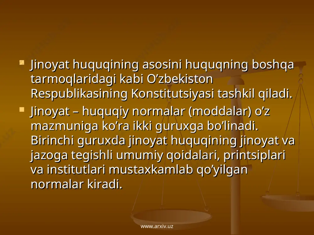 qilinganligiga xamda jinoyat sodir qilgan shaxslarning mukarrar ravishda jazolanishiga ishonch ruxida tarbiyalashdan xam iboratdir. jinoyat huquqi jinoyatchilixka qarshi kurash olib boradigan, fuqarolarni ragbatlantirish va ularga imtiyozlar berish funktsiyasini xam bajaradi. jinoyat qonunida zararli oqibatlar keltirib chikarsa-da, uz xarakatlari bilan uzlarini, fuqarolar va jamiyat manfaatlarini ximoya qilgan shaxslarga nisbatan ragbatlantiruvchi normalar kuzda tutilgan (masalan: jk umumiy qismining uchinchi bulimi, 35—41-moddalar. shuningdek, jk maxsus qismining bir kator moddalarida, masalan, 211-moddaning 4-qismida: «basharti, shaxsga nisbatan pora surab tovlamachilik tsilingan bulsa yoki bu shaxs jinoiy xarakatlar sodir etilgandan keyin bu xakda uz ixtiyori bilan arz kilsa, chin kungildan pushaymon bulib, jinoyatni ochishda faol yordam bergan bulsa, bunday shaxs javobgarlikdan ozod etiladi», deyiladi). shunday normalar 212-moddada (pora olish – berishda vositachilik qilish); 248-moddada (kurol, uk – dorilar, portlovchi moddalar yoki portlatish kurilmalariga qonunga xilof ravishda egalik qilish); 273-moddada (giyovandlik vositalari yoki psixotrop moddani utkazish maksadini kuzlab qonunga xilof ravishda tayyorlash, egallash, saklash va boshqa xarakatlar) …