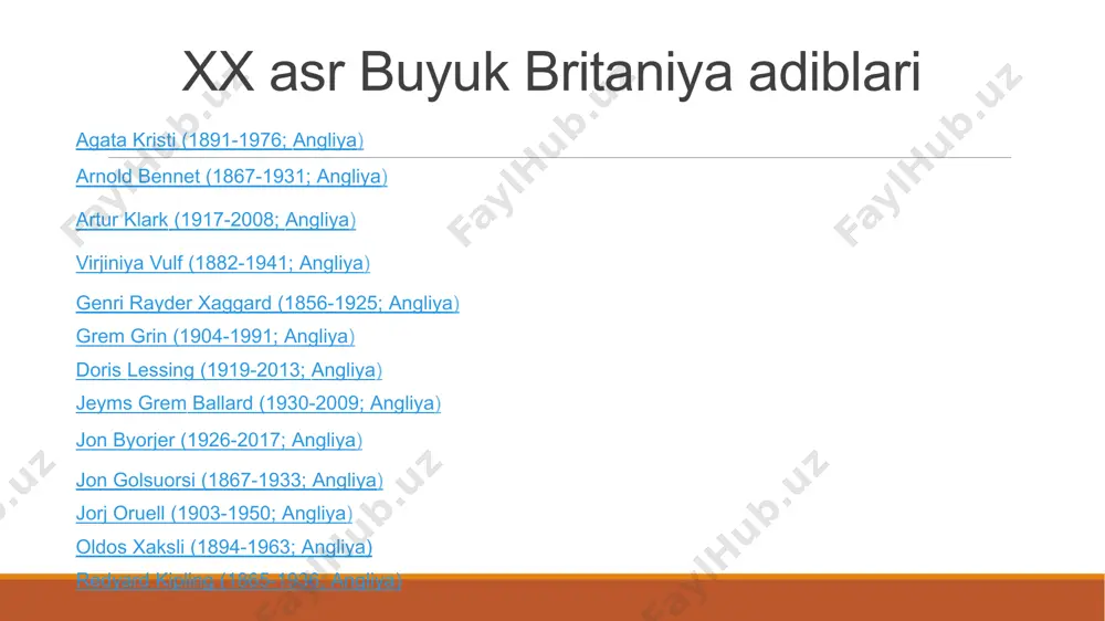 1925; angliya) grem grin (1904-1991; angliya) doris lessing (1919-2013; angliya) jeyms grem ballard (1930-2009; angliya) jon byorjer (1926-2017; angliya) jon golsuorsi (1867-1933; angliya) jorj oruell (1903-1950; angliya) oldos xaksli (1894-1963; angliya) redyard kipling (1865-1936; angliya) xx asr buyuk britaniya romanlari: "kim" rudard kipling 1901 "oydagi birinchi odamlar" h.g.uells 1901 "mulkdor" jon golsuorsi 1906 “go’zal margaret" genri rider xaggard 1907 "maxfiy agent" jozef konrad 1907 "payshanba kuni bo'lgan odam" gilbert keyt chesterton 1908 "yo'qotilgan dunyo" artur konan doyl 1912 "o'g'illar va sevishganlar" devid gerbert lourens 1913 "inson ehtiroslari yuki" uilyam somerset moem 1915 "odisseyning oliyjanob kapitani" rafael sabatini 1922 "uliss" jeyms joys 1922 "hindistonga safar" edvard morgan forster 1924 "missis dallovey" virjiniya vulf 1925 "qahramonning o'limi" richard aldington 1929 "brod qal'asi" archibald kronin 1931 "ikkovlon" alan aleksandr milne 1931 "g‘aroyib yangi dunyo" aldous huxley 1932 "jives, siz dahosiz!" pelham grenville vudxaus 1934 "men, klavdiy" robert graves1934 "rebekka" dafne du maurier 1938 …
