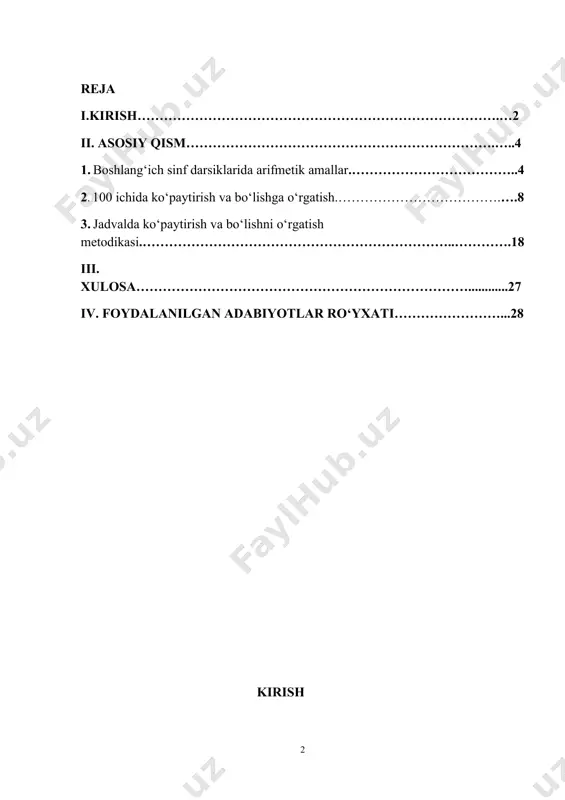 n zarur bo‘lgan matematik bilim va ko‘nikmalar tizimini shakllantirish va rivojlantirish; • jadal taraqqiy etayotgan jamiyatda muvaffaqiyatli faoliyat yurita oladigan, aniq va ravshan, tanqidiy hamda mantiqiy fikrlay oladigan shaxsni shakllantirish; • milliy, ma’naviy va madaniy merosni qadrlash, tabiiy-moddiy resurslardan oqilona foydalanish va asrab-avaylash, matematik madaniyatni umumbashariy madaniyatning tarkibiy qismi sifatida tarbiyalashdan iborat. 100 ichida ko‘paytirish va bo‘lish 2-sinfda o‘qitiladi, ammo tayyorgarlik 1-sinfdan boshlanadi, 10 va 100 ichida nomerlashga bog‘liq holda sanash orqali qo‘shish va ayirish ham o‘rgatilib boriladi. 2-sinf boshida 1-sinfdagi misollardan murakkabroq misollar unga bog‘lab tushuntiriladi. yil oxiriga kelib o‘quvchilarda sonlarning tarkiblari haqidagi bilim ortadi va kengayadi, bu esa bir xil topshiriqlarni bajarish imkonini beradi. m: 16 ning ichida 2 soni 8 marta bor; 4 tadan 4 marta bor; 8 tadan 2 marta bor. boshlang‘ich sinf darsiklarida arifmetik amallar. boshlang‘ich sinflarda arifmetik amallar bajarishni bog‘lanish va bilimlarni muvofiqlashtirish tamoyili asosida o‘quv fanlarining ichki bog‘liqligi va o‘quv fanlari aro uzviylikni …