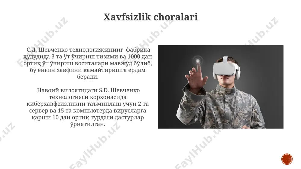 ortiq turdagi mahsulotlarni ishlab chiqarish imkoniyati bo'lib, bu esa toshkent va samarqand kabi yirik shaharlardagi ehtiyojlarni qondirishga yordam beradi. kamchiliklardan biri, texnologiyaning yuqori narxi hisoblanadi, bu esa kichik korxonalar uchun 500.000 so'mdan yuqori investitsiyalarni talab qiladi va rentabellikni pasaytirishi mumkin. qo'llanilish sohalari ushbu texnologiya yordamida 1000 metrdan ortiq chuqurlikdagi burgʻulash ishlari samaradorligi 15% ga oshirilganligi haqida oʻzbekistonning andijon viloyatidagi bir necha konlarda amaliy maʼlumotlar mavjud. s.d. shevchenko texnologiyalari suv taʼminoti tizimlarida ham qoʻllanilib, 30% ga suv sarfini kamaytirishga va 2 million kishiga toza suv yetkazib berishga yordam beradi, masalan, samarqand viloyatida. ishlab chiqarish jarayoni ishlab chiqarish tsiklining davomiyligi o'rtacha 15 kunni tashkil etadi va 3 bosqichdan iborat bo'lib, har bir bosqich sifat nazorati va 10% mahsulot chiqindilarini hisobga oladi. s.d. shevchenko texnologiyasi yordamida ishlab chiqarish jarayoni 50 dan ortiq xodimlarni, shu jumladan toshkent shahridagi zavoddagi 20 dan ortiq muhandisni jalb qiladi. e'tiboringiz uchun rahmat @taqdimot_robot image4.jpg image5.jpg image6.jpg image7.jpg image8.jpg …