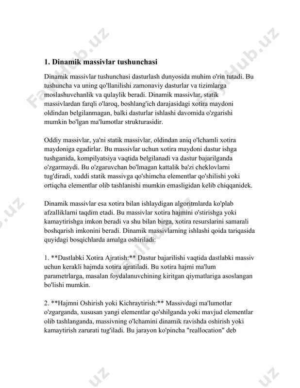 ar strukturalaridan biri hisoblanadi. bu tushuncha dasturchilarga keng qamrovli va moslashuvchan dasturiy ta'minotni yaratib, ishlab chiqish imkonini beradi, sayohat qayerga xohlasangiz ham. 2. dinamik massivlar yaratish dinamik massivlar — dasturlashda ma'lumotlarni saqlash va ularga ishlov berish usullaridan biri bo'lib, ular dastur ishlash jarayonida hajmini o‘zgartirishi mumkin bo‘lgan tuzilmalardir. statik massivlardan farqli o‘laroq, dinamik massivlar dastur ishlash vaqtida kerakli hajmga o‘sishi yoki kamayishi mumkin. bu ularga ma'lumotlar jadvallari yoki kolleksiyalari bilan ishlashda katta qulaylik tug‘diradi. dinamik massivlarning asosiy afzalliklaridan biri – ular hajmini dastur ish vaqtida o‘zgartira olish qobiliyatidir. bu dinamik massivlar, asosan, umumiy xotira maydoni (heap) orqali boshqarilishi natijasida bo‘ladi. c++, java, python kabi ko'plab zamonaviy dasturlash tillari dinamik massivlar bilan ishlash imkoniyatlarini taqdim etadi. c++ tilida standart kutubxonada taqdim etilgan `std::vector` sinfi dinamik massivlar bilan ishlash uchun keng qo‘llaniladi. `std::vector` yordamida c++ dasturchilari kerakli hajmda dinamik massiv yaratishi va uni kengaytirishi mumkin. `std::vector` ning o‘ziga xos hususiyati shundaki, u …