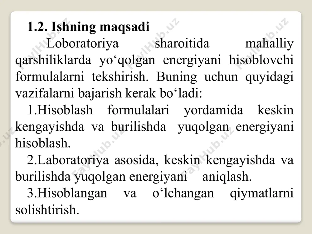 isoblanadi: (7) bu yerda: - laboratoriyadan olingan qiymat; (8) № 1 2 3 4 5 6 7 8 9 10 hajm w, sm3 5400 5200 6000 6100 6300 6400 5500 5600 5700 5300 vaqt t, sek 50 55 65 60 70 50 55 65 60 70 № 11 12 13 14 15 16 17 18 19 20 hajm, w, sm3 5900 6500 7000 7100 7400 6900 6950 5540 7460 7560 vaqt t, sek 50 55 65 60 70 50 55 65 60 70 laboratoriya mashg’lotlarini bajarish uchun variantlar. (har bir talaba jurnal tartib raqami bo’yicha) tajriba asosida pe’zometrlar d,mm qarshilik turi o’lchangan qiymatlar hisoblangan qiymatlar xulosa umumiy tajriba asosida formula asosida p/γ, sm t, sek w, sm3 q, sm3/s ω, sm2 ϑ, sm/s ϑ/2g, sm hm, sm ξm hm, sm ξm δhm, sm δξm 1 2 3 4 5 6 7 8 9 10 11 12 13 14 15 16 …