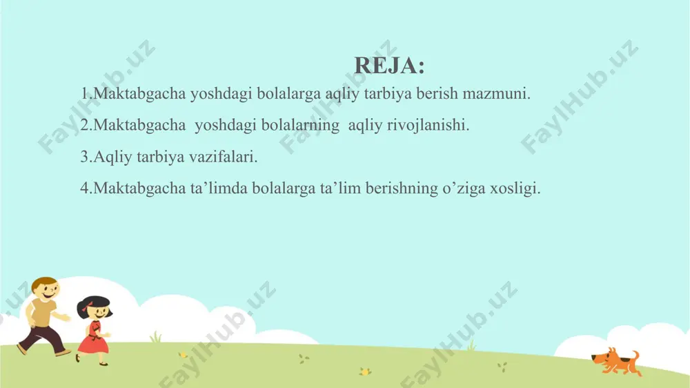 ddagi elchisi vey sizinning hisobotlarida: «samarqand aholisi mohir savdogarlardir. o'g'il bola besh yoshga to'lar ekan, unga savod o'rgata boshlaydilar», - deb qayd qilingan. maktabgacha yoshdagi bolalarga aqliy tarbiya berishning vazifalari quyidagilar sanaladi: shaxs tomonidan ilmiy bilimlarning muayyan hajmini o’zlashtirilishiga erishish; bilishga bo’lgan qiziqishlarni yuzaga keltirish; aqliy qobiliyat va iqtidorni rivojlantirish; bilishga bo’lgan faollikni kuchaytirish; ilmiy dunyoqarashni shakllantirish farobiy ta'lim-tarbiyaga bag'ishlangan asarlarida inson takomilida ta'lim-tarbiyaning muhimligi, unda nimalarga e'tibor berish zarurligi, ta'lim-tarbiya usul va uslublari haqida fikr yuritadi. «fozil odamlar shahri», «baxt saodatga erishuv to'g'risida», «aql ma'nolari to'g'risida», «ilmlarning kelib chikishi» kabi maorifiy asarlarida olimning ijtimoiy tarbiyaviy qarashlari o'z ifodasini topgan. farobiy ta'limning asosiy vazifasi jamiyat talablariga javob bera oladigan va shu jamiyat uchun xizmat qiladigan yetuk insonni yetishtirishdan iborat deb biladi. farobiyning ta'lim-tarbiyaga bag'ishlangan asarlari beruniyning bilimlarni egallash yo'llari haqidagi fikrlari beruniyning bilimlarni egallash yo'llari haqidagi fikrlari hozirgi davr uchun ham dolzarbdir. o'quvchilarga bilim berishda ularni zeriktirmaslik; uzviylik, izchillik, yangi …