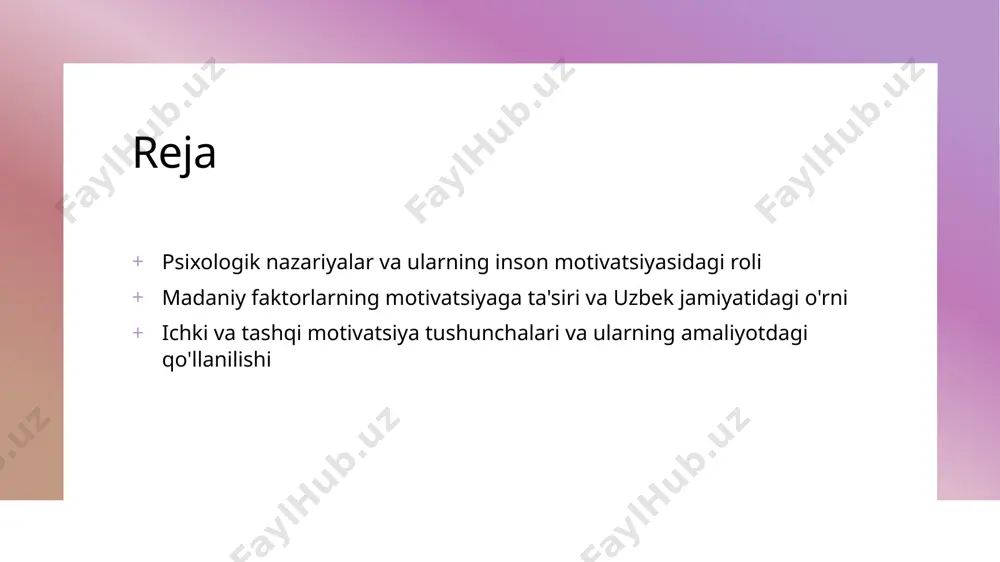 a mexanizmlari psixologik nazariyalar motivatsiya jarayonlarini tushuntirishga yordam beradi, bu esa shaxsiy va ijtimoiy rivojlanishda muhim rol o’ynaydi. 03 rivojlantirish strategiyalari ilmiy asoslangan metodlar yordamida motivatsiya kuchaytirish va uni samarali rivojlantirish uchun motivatsiya nazariyalaridan foydalanish mumkin. madaniy faktorlarning motivatsiyaga ta'sirini anglash: uzbek jamiyatining o'ziga xosligi 1 madaniyat va qadriyatlar - uzbek jamiyatida an'anaviy qadriyatlar va madaniyat motivatsiya shakllanishida muhim rol o'ynaydi. ular insonlarning harakatlariga ma'no va yo'nalish beradi. 2 ijtimoiy sharoitlar - jamiyatdagi ijtimoiy muhit, oilaviy va do'stlik aloqalari motivatsiyani kuchaytiradi. o'zbekistonning ijtimoiy strukturalari shaxs motivatsiyasiga ta'sir etadi. 3 an'analar va urf-odatlar - madaniyat va an'analar inson motivatsiyasida muhim omil bo'lib, ular shaxsning identifikatsiyasi va maqsadlariga erishishda yordam beradi. 4 tarixiy meros - o'zbekistonning boy tarixiy merosi va milliy tarix motivatsiya uchun ilhom manbai bo'lib, yosh avlodni milliy qadriyatlar bilan bog'laydi. madaniyat va an'analar motivatsiyaning shakllanishida qanday rol o'ynaydi? 1 madaniyat va qadriyatlar madaniyat va an'analar, insonning qadriyatlari va e'tiqodlariga …