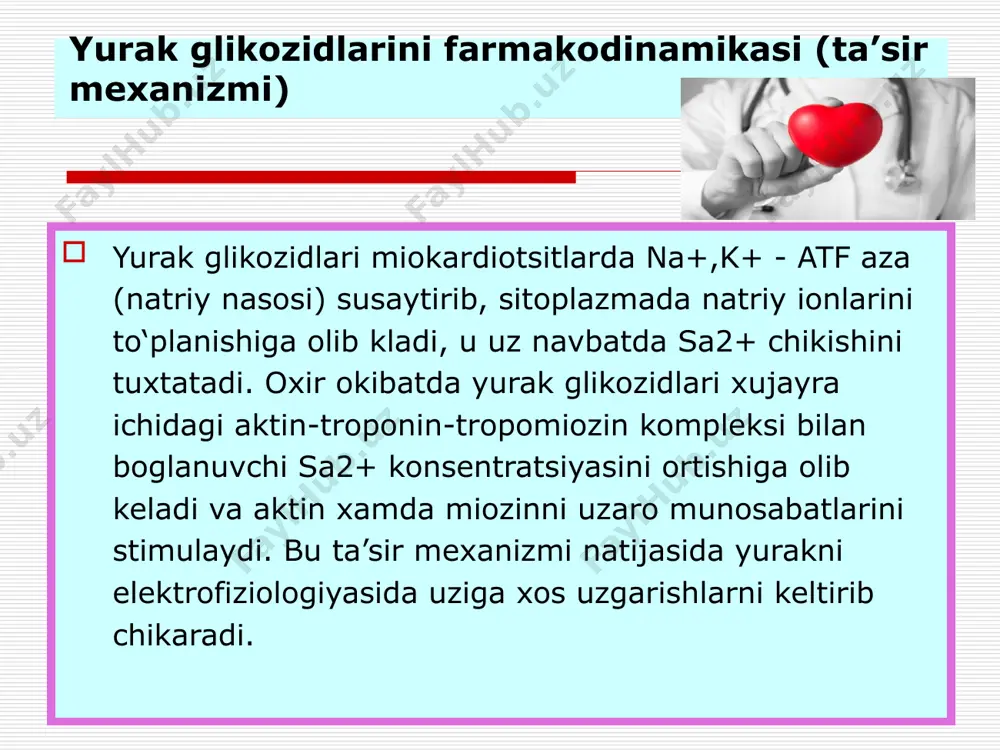v/i mg digoksin v/i mg digoksin o/o mg digitoksin o/o mg u r t a ch a t ye z l i k d a 1-kun 0,25 + 0,25 0,5 + 0,25 1,25 0,8 2-kun 0,25 + 0,125 0,5 + 0,25 1,25 0,6 3-kun 0,25 0,5 1,0 0,5 s e k i n t ye z l i k d a 1 - kun 0,25 0,5 0,75 0,5 2 – kun 0,25 0,5 0,75 0,4 3 – kun 0,25 0,5 0,75 0,4 4 – kun 0,25 0,5 0,75 0,3 5 – kun 0,25 0,5 0,75 0,3 6 – kun 0,25 0,25 - 0,5 0,5 0,2 7 - kun 0,25 0,25 - 0,5 0,5 0,2 sekin tezlikdagi digitalizatsiyada organizmda digoksinni koldik mikdorini xisoblash kunlar kiritilgan mikdor mg da zliminatsiya bulmasa, kunni oxirida organizmda kolishi kerak bulgan mikdor, mg da utgan kunlarda eliminatsiya bulgan mikdor, (25 %) mg da kelgusi kunni boshlanishida …