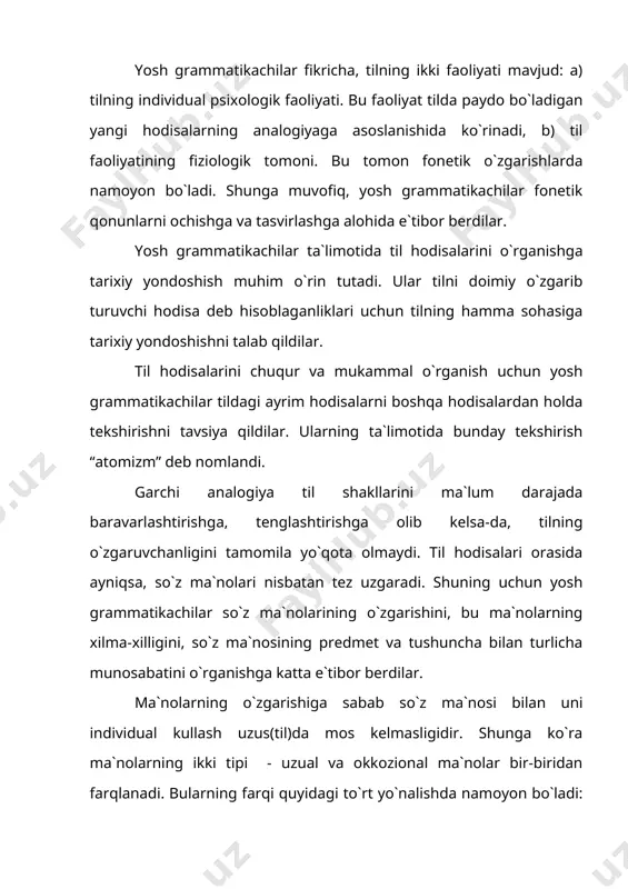 ning asosiy muammolari urtaga tashlandi. til va nutkning uzaro munosabati taxlil kilindi. foydalanilgan adabiyotlar: 1. ya.v.loya. istoriya lingvisticheskix ucheniy. m., 1968. 2. n.a.kondrashov. istoriya lingvisticheskix ucheniy.m., 1973. 3. v.i.koduxov. obshee yaziukoznanie. m., 1974. 4. s.usmonov. umumiy tilshunoslik. t., 1972. 5. t.a.amirova, b.a.ol`xovikov, yu.v.rojdestvenskiy. ocherki po istorii lingvistiki. m., 1975. 6. n.a.baskakov, a.s.sodiqov, a.a.abduazizov. umumiy tilshunoslik t., 1979. 7. www.ziyonet.uz