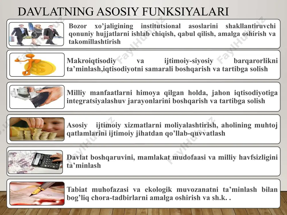 an normativiar asosida o`tkaziladi. daromadlami yillik vaoylik prognoz qilish bilan bog`liqtadbirlar o`zgarishsiz qolsa-da, tushutnlarni o`tkazish endilikda banklar tomonidan emas, dmbat tonionidan amalga oshiriladi. 7 g`aznachilikda davlat budjeti mablag`larini boshqarish shundan iboratki, g`aznachilikyagona g’azna hisobraqamidan va g`aznachilikning boshqa bank hisobraqamlaridagi davlat budjeti mabiagiarini, davlat budjetining xarajatlarini belgilangan muddat-larda amalga oshirish uchun yo`naitirish, shuningdek, davlat budjetining vaqtincha bo`sh turgan mablag`larini bank depozitlari va boshqa aktivlarga vaqtincha joylashtirish hamda ular hisobidan respublika budjetiga, qoraqalpog`iston respublikasi budjetiga, mahalliy budjetlarga, shuningdek, davlat maqsadli jamg`armalariga budjet ssudalari berish yoii bilan boshqarib boradi. g`aznachilik tomonidan dotatsiyalar va ssudalarni o`tkazish yagona g’azna hisobraqamidan yoki g`aznachilikning boshqa bank hisobraqam-laridan davlat budjetida mablag`lar ajratish nazarda tutilgan yuridik va jismoniy shaxslarning bank hisobraqamlariga o`tkaziladi. bugungi kunda davlat budjetida mablag‘lardan samarali va maqsadli foydalanishda g‘aznachilik tizim i joriy qilindi. g ‘aznachilik tizim i yordam ida dastlabki. joriy va yakuniy nazorat jarayonini takomillashtirish bo‘yicha katta o ‘zgarishlar amalga oshirildi. g ‘aznachilik organlarining maqsadi …