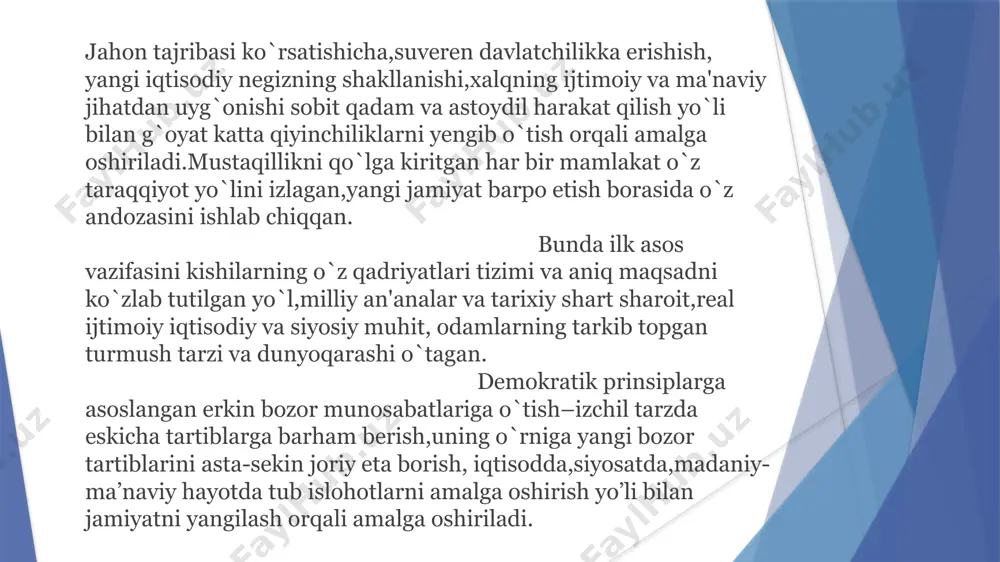 ilma-xil institutlari bilan ishlash va hamkorlik qilishning yangidan yangi shakllarini izlab topishdan iboratdir. butun davlat hokimiyati organlari ishining samaradorligini saqlab qolgan holda hokimiyat vakolatlarining markaz ixtiyoridan soqit qilish,bu vakolatlarning bir qismini markazdan mintaqalarga, mahalliy hokimiyat organlariga olib berish yo`llarini izlab topish zaruratga aylanib bormoqda”.² davlat organlarining o`z oldiga qo`ygan maqsad va vazifalarining samarali amalga oshirilishi,ko`p jihatdan,ularning faoliyatida qonuniylik va intizomning ta'minlanganligiga yoki unga qay dara-jada rioya etilayotganligiga bog`liqdir. qonuniylik deganda – davlat organlari faoliyatining o`zbekiston respublikasi konstitutsiyasi va amaldagi qonunlari asosida tashkil etilishi va amalga oshirilishi tushuniladi.intizom deganda esa, davlat organlari faoliyatida o`rnatilgan tartibga rioya qilinishini ta'minlash tushuniladi. davlat organlari o`zlarining faoliyatlarini konstitutsiya va qonunlarga asoslanib,ularni ro`yobga chiqarish maqsadida amalga oshiradilar. qonuniylik – demokratik huquqiy jamiyat mavjud bo`lishi va rivojlanishining asosiy belgisidir.u – fuqarolar huquqlari va erkinliklarini,demokratik institutlarni,fuqarolik jamiyatini shakllantirish va amalga oshirishni,davlat apparatini qurish va faoliyat ko`rsatishini ta'minlash uchun zarurdir. qonuniylik – davlat mexanizmining barcha elementlari (davlat organlari,davlat tashkilotlari,davlat …