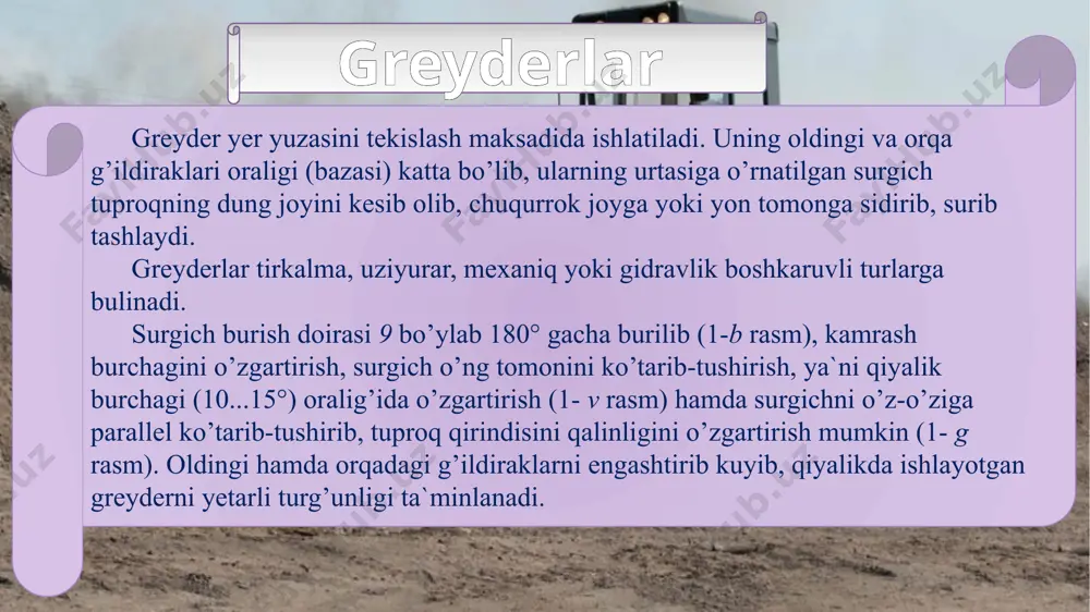 ri tanlash greyderlar ish unumdorligini oshirish usullari xulosa xulosa o’rnida shuni aytish mumkinki yer ishlarini bajarish davomida qo’llaniladigan texnikadan to’g’ri foydalana olish orqali ham mashinaning ish unumdorligini ham qurilishdagi ish unumdorligiga erishish mumkin. buning uchun yuqorida aytib o’tilgan usullarni qo’llash ham foyda keltirishi mumkin. greyder uchun ishlash sxemasini to’g’ri tanlash orqali greyder yurish yo’lagini kamaytirish, yerni zichlanishini kamaytirish mumkin. bu esa o’z navbatida qurilish jarayonidagi sarf harajat miqdorini kamayishini ta’minlaydi foydalanilgan adabiyotlar ruyxati i.axmedov “gidromelioratsiya ishlarini tashkil etish va texnologiyasi” toshkent-2014 g‘.t. davronov l.x. irmuxamedova“gidromeliorativ ishlarni tashkil etish” toshkent «iqtisod-moliya» 2016-yil www.helpix.org www.ziyonet.uz image1.jpg image2.png image3.wmf oleobject1.bin image4.png image5.png