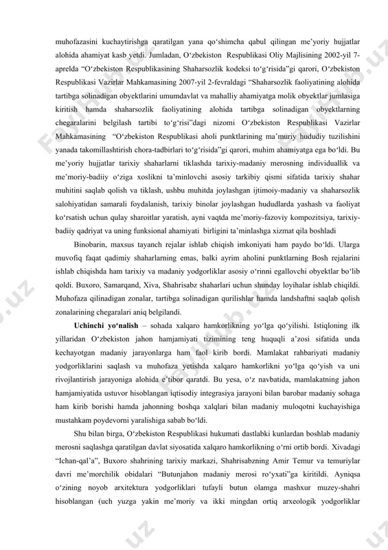 an idoralar va ularning faoliyatida tashkiliy va tuzilmaviy oʻzgarishlar alohida ahamiyat kasb yetdi. jumladan, vazirlar mahkamasining 2002-yil 29-iyuldagi № 269-sonli "madaniy meros obyektlarini muhofaza qilish va ulardan foydalanishni yanada takomillashtirish chora-tadbirlari toʻgʻrisida"gi qarori bilan oʻzbekiston respublikasi madaniyat ishlari vazirligi madaniy meros obyektlarini muhofaza qilish va ulardan foydalanish ilmiy ishlab chiqarish bosh boshqarmasiga aylantirildi. shu bilan birga, ushbu qaror ostida “madaniy meros obyektlarini muhofaza qilish va ulardan foydalanish masalalarini muvofiqlashtirish boʻyicha idoralararo komissiya toʻgʻrisida”, shuningdek, oʻzbekiston respublikasi madaniy meros obyektlari davlat kadastrini yuritish tartibi toʻgʻrisida” hamda “madaniy meros obyektlarining tarixiy-madaniy ekspertizasi toʻgʻrisida” nizomlar tasdiqlandi va amaliyotga joriy etildi. bu bosqichda ham xalqaro miqyosda nishonlangan yubileylar, xususan, termiz shahrining 2500 yilligi, shahrisabzning – 2700, qarshining – 2700, samarqand shahrining – 2750, margʻilonning – 2000, va toshkent shahrining 2200 yilligini nishonlanishi, shuningdek, abduholiq gʻijduvoniy tavalludining 900 yilligi, xorazmdagi ma’mun akademiyasining 1000 yillik yubleylari oʻtkazilishi qadimiy shaharlarimiz va muqaddas ziyoratgohlarning qiyofasiini tubdan oʻzgartirib yubordi. …