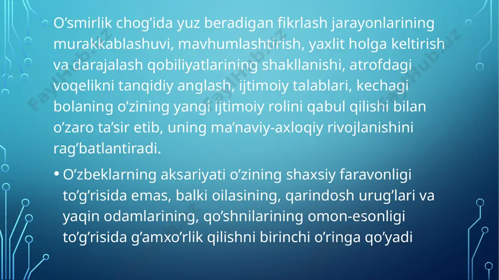 i hal etishda va ularning kelib chiqishini oldini olishda, nafaqat ota-ona, maktab jamoasi balki mahallalarda faoliyat yurituvchi pedagog tarbiyachi va inspektorlar ish olib borishadi. foydalanilgan adabiyotlar 1. o’zbekiston respublikasi prezidenti shavkat mirziyoyevning oliy majlisga murojaatnomasi. 2020 yil 29 dekabr 5-6-11 betlar 2. i.a.karimov. o’zbekiston buyuk kelajak sari. – t.: “o’zbekiston” nashriyoti, 1998, 21-bet. 3. axmedova m.t. pedagogik konfliktologiya.- t.:tdpu, 2014 y. 4. karimova v.m., akramova f.a. “psixologiya”. 1-qism. ma’ruzalar matni. –t.: tdiu, 2005. – 208 b. 5. e.g’oziev. tafakkur psixologiyasi. toshkent. “o’qituvchi”. 1990. 6. umumiy psixologiya. a.v.petrovskiy tahriri ostida. “o’qituvchi”, t., 1999 e’tibor uchun rahmat image3.jpeg image4.jpeg image5.jpeg image6.jpeg image7.jpeg image8.jpeg image9.jpeg image10.jpeg image11.jpeg image12.jpeg image13.jpeg image14.jpeg image15.jpeg image16.jpeg image2.png