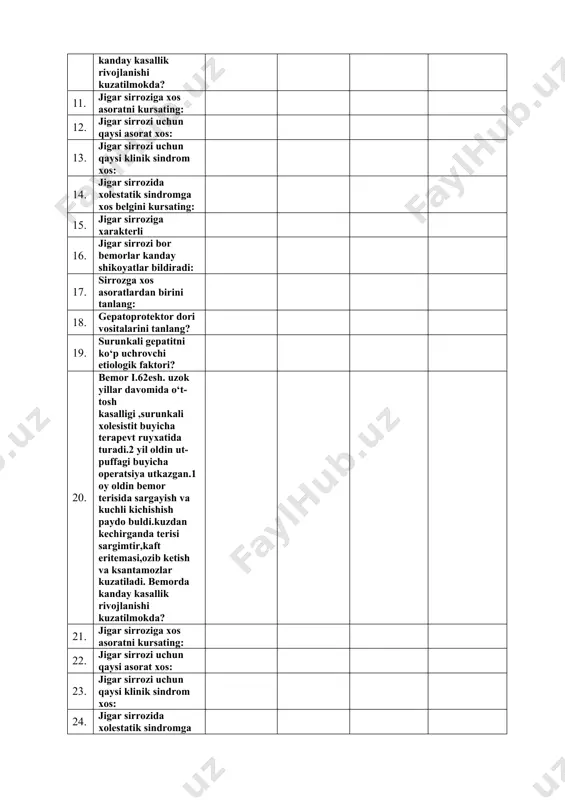 tanlang: 18. gepatoprotektor dori vositalarini tanlang? 19. surunkali gepatitni ko‘p uchrovchi etiologik faktori? 20. bemor i.62esh. uzok yillar davomida o‘t-tosh kasalligi ,surunkali xolesistit buyicha terapevt ruyxatida turadi.2 yil oldin ut-puffagi buyicha operatsiya utkazgan.1 oy oldin bemor terisida sargayish va kuchli kichishish paydo buldi.kuzdan kechirganda terisi sargimtir,kaft eritemasi,ozib ketish va ksantamozlar kuzatiladi. bemorda kanday kasallik rivojlanishi kuzatilmokda? 21. jigar sirroziga xos asoratni kursating: 22. jigar sirrozi uchun qaysi asorat xos: 23. jigar sirrozi uchun qaysi klinik sindrom xos: 24. jigar sirrozida xolestatik sindromga xos belgini kursating: 25. jigar sirroziga xarakterli 26. jigar sirrozi bor bemorlar kanday shikoyatlar bildiradi: 27. sirrozga xos asoratlardan birini tanlang: 28. gepatoprotektor dori vositalarini tanlang? 29. surunkali gepatitni ko‘p uchrovchi etiologik faktori? 30. bemor i.62esh. uzok yillar davomida o‘t-tosh kasalligi ,surunkali xolesistit buyicha terapevt ruyxatida turadi.2 yil oldin ut-puffagi buyicha operatsiya utkazgan.1 oy oldin bemor terisida sargayish va kuchli kichishish paydo buldi.kuzdan kechirganda terisi sargimtir,kaft eritemasi,ozib ketish …