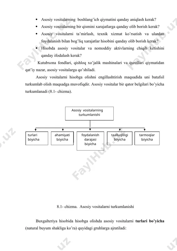 iqtisodiyotning tarmoqlariga tegishli bo’lgan asosiy vositalarga guruhlanadi. asosiy vositalarni baholash tartibi. asosiy vositalarni to’g’ri hisobga olish faqat ularni baholashning yagona tamoyili bo’lgan sharoitdagina amalga oshirilishi mumkin. moliyaviy hiso-botning xalqaro standartlari (mhхs)ga muvofiq qiymatning quyidagi tushun-chalari mavjud: boshlang’ich qiymati; joriy qiymati; qoldiq qiymati; tugatish qiymati; asosiy vositalarni sotib olish, qurish, ishlab chiqarish yoki holatini yaxshilash bilan bog’liq to’g’ridan-to’g’ri xarajatlarni, jumladan, undan maqsadli foydalanish uchun zarur bo’lgan o’rnatish bilan bog’liq bo’lgan xarajatlarni o’z ichiga oladi. boshlang’ich qiymat — bu asosiy vositalarni yaratish (qurish va qayta qurish) yoki sotib olish bo’yicha xaqiqiy amalga oshirilgan xarajatlar qiymati bo’lib, jumladan to’langan va qayta qoplanmaydigan soliqlar va yig’imlar, shuningdek, tashib keltirish va montaj qilish, o’rnatish va foydalanishga topshirish bo’yicha xarajatlar va aktivni tayyorlanishi bo’yicha foydalanish uchun ishchi holatga keltirish bilan bevosita bog’liq bo’lgan boshqa xarajatlarni o’z ichiga oladi. boshlang’ich qiymat ob’ektni korxonada ishga tushirish paytida shakllanadi. asosiy vositani korxonada bo’lib turgan davri mobaynida faqat uning boshlang’ich …