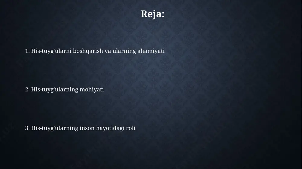 samarqand shahridagi tadqiqotlarga ko'ra namoyon bo'ladi. his-tuyg'ular va munosabatlar oilaviy munosabatlarda, farg'ona vodiysida o'tkazilgan sotsiologik so'rovnoma natijalariga ko'ra, hissiy aqlning yuqori darajasi 5 dan ortiq yillik baxtli nikoh ehtimolini 85% ga oshiradi. taxminan 70% hollarda, toshkentdagi psixologlarning kuzatuvlariga ko'ra, salbiy tuyg'ularni ifoda etmaslik munosabatlardagi muammolar sonini 3-4 baravar oshiradi. his-tuyg'ularni boshqarish 2023-yilgi tadqiqotlar shuni ko'rsatdiki, stressni boshqarish texnikalarini o'rgatish, masalan, nafas olish mashqlari, toshkentdagi 50 nafar ishtirokchida tashvish darajasini 30% ga kamaytirdi. his-tuyg'ularni boshqarishda 7-10 yoshgacha bo'lgan bolalarga emotsional aqlni rivojlantirishga qaratilgan maxsus o'yinlar va mashg'ulotlar samarqanddagi maktablarda qo'llanilmoqda, bu ularning ijtimoiy moslashuvchanligini yaxshilaydi. his-tuyg'ularning kelib chiqishi hissiy reaktsiyalarni keltirib chiqaradigan neyrotransmitterlar, masalan, dopamin, serotonin va norepinefrin, birinchi marta 19-asr oxirida nemis olimlari tomonidan aniqlangan va ularning evolyutsiyaviy saqlanishi hayotning turli sohalarida muhim rol o'ynaydi. madaniyatlar o'rtasida his-tuyg'ularning namoyon bo'lishi farq qiladi, masalan, yaponiyada individualizmga nisbatan kollektivizm ustunlik qiladi, shuning uchun his-tuyg'ularning ifodalanishi ham farq qiladi va bu 2000 yildan …