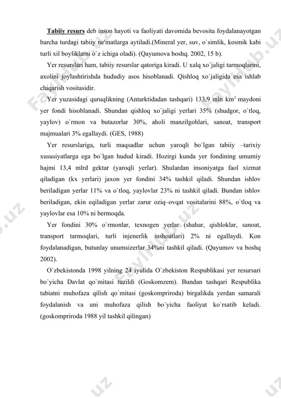 erlar va ularning hosildorligi (nas. doklad, 2002) № viloyatlar 1995 2001 2001 2001 jami erlar (ming ga) shu j. sugori​ladigan (ming ga) jami erlar (ming ga) shu j. sugorila​digan (ming ga) paxta hosild. ts/ga bugdoy ts/ga 1 qoraqalpog`iston 16100,2 508,1 16100,6 500,1 14,7 19,2 2 andijon 452,0 280,8 430,3 271,5 34,9 71,1 3 buxoro 4193,7 272,2 4193,7 273,7 27,1 36,9 4 jizzax 2048,6 292,2 2117,8 301,0 15,3 17,5 5 kashkadaryo 2856,8 500,6 2856,8 504,5 20,5 18,6 6 navoiy 10937,4 124,3 10937,4 124,4 27,1 34,8 7 namangan 695,0 276,3 718,1 279,2 25,3 40,3 8 samarkand 1677,4 374,9 1677,1 373,1 18,0 28,6 9 surxondaryo 2059,9 327,7 2009,9 324,6 27,4 36,0 10 sirdaryo 499,7 298,7 427,6 293,1 14,7 26,7 11 toshkent 1453,0 392,8 1512,3 389,1 26,2 35,9 12 fargona 722,2 357,2 714,7 356,6 27,5 37,6 13 xorazm 682,0 269,7 681,6 275,9 - 36,0 14 toshkent shaxri 30,0 5,1 32,1 6,3 - - 15 …