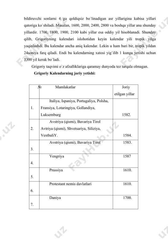 a vaqt hisobidan 3 kunni chiqarib tashlab turishga qaror qilingan. yuliy kalendari bо`yicha har 400 yilda 100 ta kabisa yili bо`lishi kerak edi. islohotni amalga oshirish uchun, demak 400 yil ichidagi kabisa yillar sonini 97 ga tushirish kerak. loyixa avtori lilio yuliy kalendaridagi yuzlik sonlarni 4 ga bо`linmaydigan asriy yillarni oddiy yil hisoblashni taklif qilgan edi. demak, yangi kalendar bо`yicha yuz yilliklarni bildiruvchi sonlarni 4 ga qoldiqsiz bо`linadigan asr yillarigina kabisa yillari qatoriga kо`shiladi. masalan, 1600, 2000, 2400, 2800 va boshqa yillar ana shunday yillardir. 1700, 1800, 1900, 2100 kabi yillar esa oddiy yil hisoblanadi. shunday qilib, grigoriyning kalendari islohotidan keyin kalendar yili tropik yilga yaqinlashdi. bu kalendar ancha aniq kalendar. lekin u ham bari bir, tropik yildan 24soniya farq qiladi. endi bu kalendarning xatosi yig`ilib 1 kunga yetishi uchun 3300 yil kerak bо`ladi. grigoriy taqvimi о`z afzalliklariga qaramay dunyoda tez tarqala olmagan. grigoriy kalendarning joriy yetishi: № mamlakatlar joriy …