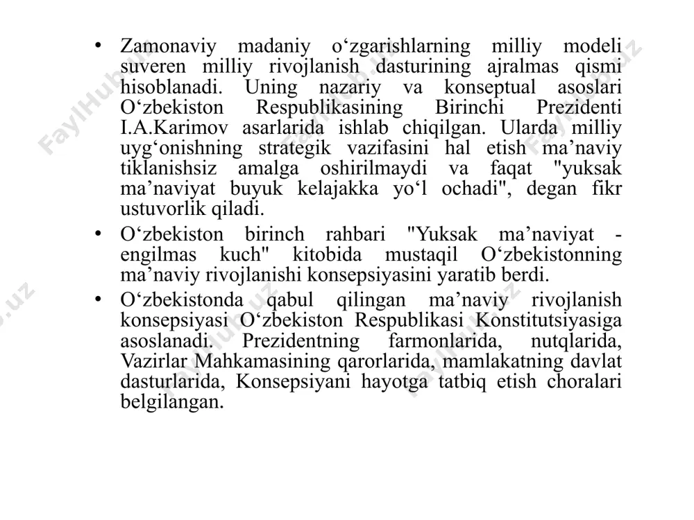iylar davri» mavzusida xalqaro konferentsiya hamda «ulug’bek va an’anaviy san’at» ko’rgazmasi bo’lib o’tdi. bu tadbirlar mirzo ulug’bek qoldirgan ilmiy merosning umuminsoniy qadriyatga molik ekanligini yana bir bor isbot etdi. 1998 yil 23 oktyabrda farg’onada buyuk alloma ahmad al-farg’oniyning 1200 yillik yubileyi nishonlandi. uning noyob ilmiy merosi xalqimizga qaytarildi. farg’ona shahrida al-farg’oniy bog’i yaratildi va buyuk allomaga haykal o’rnatildi. 11 1997 yilda buxoro va xiva shaharlarining 2500 yilligi, 1999 yilda buyuk vatanparvar siymo jaloliddin manguberdi tavalludining 800 yilligi nishonlandi. 2002 yilda termiz shahrining 2500 yilligi nishonlandi. vatanimiz ozodligi yo’lida shahid ketgan abdulla qodiriy, cho’lpon, fitrat, usmon nosir va boshqa xalq ziyolilari nomi, hurmati o’z joyiga qo’yildi, asarlari nashr etildi. prezident islom karimov tashabbusi bilan toshkentda mustamlakachilik davri qurbonlari xotirasini abadiylashtirish maqsadida «shahidlar xotirasi» yodgorlik majmui bunyod etildi. mazkur majmua qoshida «qatag’on qurbonlari xotirasi» muzeyi qurilib, 2002 yil 27 avgust kuni foydalanishga topshirildi. bu yodgorlik majmualari jamiyat ma’naviyatini yuksaltirishga, milliy ong va …