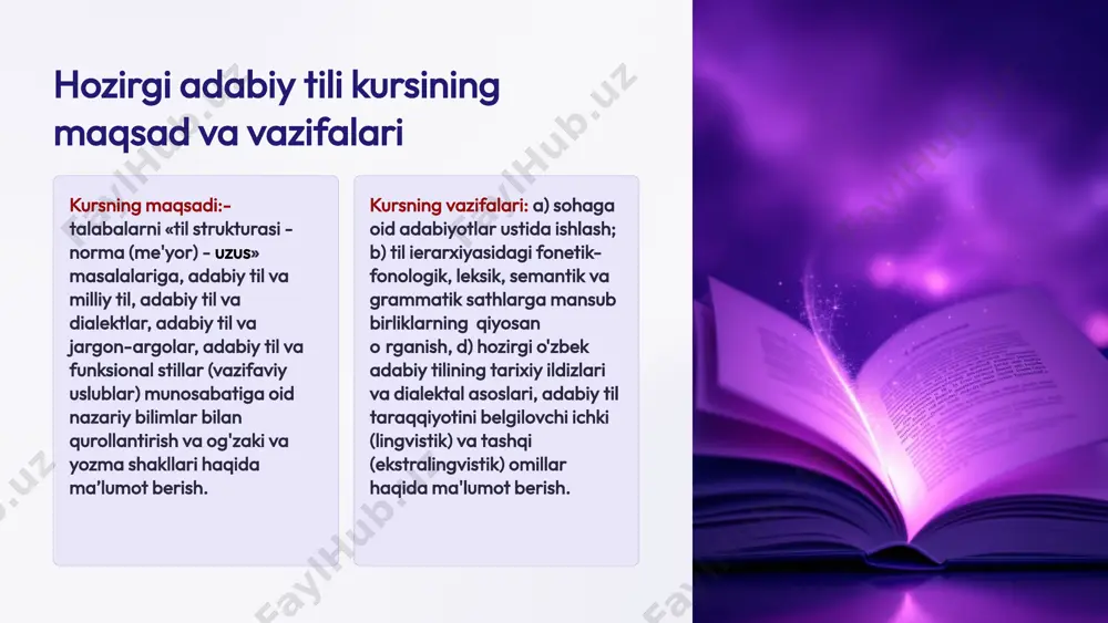 amal qiladi. uzus - leksema, frazema, so'z shakli va sintaktik konstruksivalarning til egalari tomonidan qabul etilgan qo'llanishi. adabiy tilning shakllanishi va rivojlanishi 1 tilning boshlanishi sheva va dialektlardan boshlanadi 2 yozuvning paydo bo`lishi yozuvli tilning rivojlanishi 3 adabiy tilning shakllanishi adabiy me`yorlarning paydo bo`lishi 4 zamonaviy tilning rivojlanishi tilning o`zgarishi va rivojlanishi jargon va argolar — ma’lum ijtimoiy guruhlarga, masalan, o'g'rilarga,sportchilarga yoki talabalarga xizmat qiladigan yasama til. bunday «til»elementlari (jargonizm va argotizmlar) adabiy tilda ishlatilmaydi. funksional stillar — tilning vazifaviy uslublari. bunday uslublar inson faoliyatining u yoki bu sohasiga xoslangan nutqni qoliplaydi. chunonchi: rasmiy ish uslubi. bu uslub ma’muriy-idoraviy hujjatlar tilini qoliplaydi. ilmiy uslub — ilmiy asarlar tilini va ilmiy nutqni qoliplaydi. publitsistik uslub — ommabop asarlar, ma’ruzalar tilini qoliplaydi. so ‘zlashuv uslubi. bu uslubning ikki xil ko'rinishi mavjud: a) adabiy so'zlashuv uslubi; b) oddiy (jonli) so'zlashuv uslubi; badiiy uslub. bu uslub badiiy asar tilini va badiiy nutqni qoliplaydi. funksional …