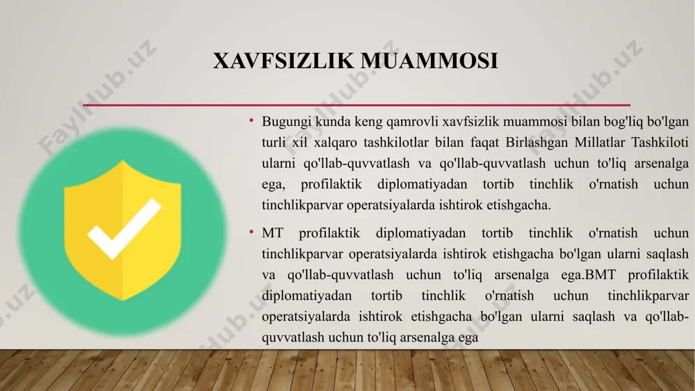 emas. 1990-yillarda markaziy osiyodagi “qaynoq masalalardan” biri tojikiston muammosi edi . 1992 yilda tojikistonda fuqarolar urushi boshlandi. bu to'qnashuvning asosiy sababi ikki qarashning to'qnashuvi edi: kuch va din. afg'onistonga 50 mingdan ortiq qochqin o'tdi. o‘zbekiston hukumati bmtning qochqinlar bo‘yicha oliy komissarligi bilan birgalikda bir necha ming qochqinga yordam qo‘lini cho‘zdi. orol dengizi muammosi tojikistondagi urush 500 000 qurbon, 400 000 qochqin va 600 000 ichki qochqinlar bilan yakunlandi. 1994 yilda bmt tojikistonda kuzatuvchilar missiyasini tuzdi. 1997-yilda bmt koʻmagida tinchlik muzokaralaridan soʻng tinchlik toʻgʻrisidagi moskva shartnomasi imzolandi, oʻsha yili xavfsizlik kengashi toshkentdagi kuzatuvchi missiyasining vakolatlarini kuchaytirdi. 1998 yilda bmt tojikistonga 34,5 million dollar miqdorida gumanitar yordam ajratish taklifi bilan chiqdi. orol dengizi muammosi nafaqat markaziy osiyoning mintaqaviy muammosi, balki global muammolardan biridir. orol dengizi muammosi xx asrning eng katta falokatidir. o‘zbekiston bmtda maxsus komissiya tuzish va bmt boshchiligida bu borada xalqaro konferensiya tashkil etish o‘zbekiston bmtda maxsus komissiya tuzish va bmt …