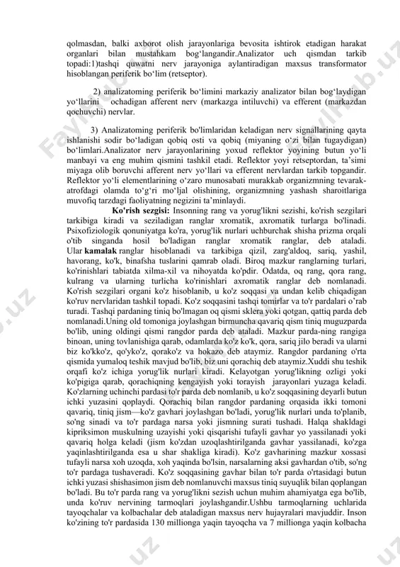 sosdir. u orqali markaziy nerv sistemasi qo‘zg‘atuvchilarga javob beradi (sh.shexter). sezgilar hosil bo‘lishi uchun quyidagi shartlar bo'lishi kerak: birinchidan, sezgi a’zolarimizdan biron-tasiga ta’sir etadigan narsa yoki hodisa bo‘lishi kerak. ikkinchidan, sezuvchi apparat soz bo‘lishi kerak. sezgi turlari. 1.eshitish 2.korish 3.ta’m bilish 4.hid bilish 5.teri sezgisiю bu apparat quyidagi qismlardan iborat: 1.sezuvchi organ (retseptor). 2.o‘tkazuvchi yo‘l (afferent nerv). 3. bosh miya po‘stlog‘idagi markazi. 4.miyadan javob impulslarini uzatuvchi yo‘l (efferent nerv). bitta sezgi apparatini tashkil qiladigan qismlarni i.p.pavlov umumlashtirgan nom ostida analizator deb atagan. sezgi mohiyatiga ko‘ra obyektiv olamning subyektiv siymosidir.lekin sezgilarning hosil bo‘lishi uchun organizm moddiy qo‘zg‘atuchining tegishli ta’sirga berilishi kifoya qilmaydi, balki organizmning o‘zi ham qandaydir ish bajarishi darkor.sezgilar muayyan davr mobaynida retseptorga ta’sir o‘tkazayotgan qo‘zg‘atuvchining o‘ziga xos quvvatini nerv jarayonlari quvvatiga aylanishi natijasida hosil bo'ladi.sezgilarning hosil bo‘lishiga kuchli ta’sir qiladigan jarayonlaming ishtirokini o‘rganishga bag‘ishlangan ko‘plab va ko‘p qirrali tadqiqotlar olib borilgan.sezgi a’zolari faqat moslashuvchanlik, ijro qilish funksiyalarini bajaribgina qolmasdan, …