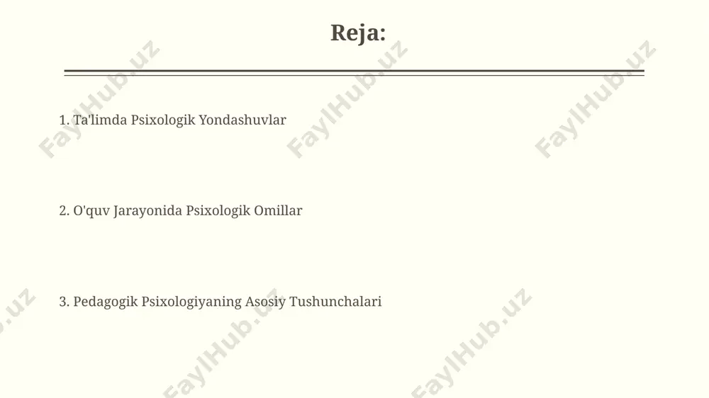 asalan, haqorat yoki kamsitishlar, o’quvchining motivatsiyasini 40% ga pasaytirib, maktabga bo’lgan munosabatiga salbiy ta’sir qilishi mumkin. samarali o’zaro ta’sir uchun o’qituvchi 5 dan ortiq o’quvchiga individual yondashish, ularning ehtiyojlarini va o’rganish uslublarini hisobga olish muhim. o’qitishda yangi texnologiyalardan foydalanish o'quv jarayonida interfaol o'yinlardan foydalanish, masalan, kahoot! yoki quizizz platformalaridan, o'quvchilarning 70% gacha faol ishtirokini ta'minlaydi va bilimni mustahkamlashga yordam beradi. onlayn ta'lim platformalari, masalan, moodle yoki google classroom, 100 ga yaqin o'quvchini bitta sinfda bir vaqtning o'zida o'qitish imkonini beradi va individual yondashuvni ta'minlaydi. fikrlash va muammo yechishning psixologiyasi heuristik usullar, masalan, “tahlil-sintez” yoki “analogiya” kabi usullar, murakkab muammolarni soddalashtirish va 2-3 marta tezroq yechim topish imkonini beradi. muammo yechishda "funksional fiksatsiya" – tanish narsalarni yangi kontekstda qo‘llashdagi qiyinchilik – muvaffaqiyatsizlikning 40% gacha sabab bo‘lishi mumkin. individual farqlar va o’qitish usullari shaxslarning kognitiv uslublari (masalan, vizual, auditoriy, kinestetik) 3 ta asosiy turga bo'linadi va o'qituvchilar o'quvchilarning ushbu farqlarini hisobga olgan …