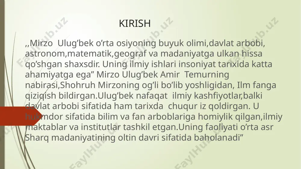 i boʻlgan.ulugʻbek saroyida qarchigʻaylar boqqani uchun alini “qushchi” deyishgan. ali qushchini mirzo ulugʻbek “ziji koʻragoniy”ning soʻzboshisida “farzandi arjumand”, yaʼni “aziz farzandim” deb atagan. ulugʻbek vafotidan soʻng uning samarqanddagi 15 ming kitobdan iborat mashhur kutubxonasi xavf ostida qoladi. kutubxonani “oʻz davrining ptolomeyi” nomini olgan ali qushchi saqlab qolgan, degan taxminlar bor. rivoyatlarga qaraganda kutubxonadagi kitoblarning koʻp qismini ali qushchi samarqand yaqinidagi hazrat bashir qishlogʻiga koʻchirgan.koʻp oʻtmay, taʼqiblardan qochib samarqanddan chiqib ketishga majbur boʻlgan. 2.g’iyosiddin jamshid-matematik,astronom va muhandis.ulug’bekga rasadxonaning ilmiy faoliyatini yo’lga qo’yishga yordam bergan. 3.ali qushchi-ulug’bekning shogirdi keyinchalik yordamchisi.rasadxona va yulduzlar jadvali ustida ishlagan. 1.qozizoda rumiy-matematik va astronom. ulug’bekka astronomiya va matematikaning chuqur sirlarini o’rgatgan. ulug’bekning qalamiga mansub bo’lgan ilmiy asarlar soni –to’rtta. 1.”ziji ulug’bek”,”ziji jadidi kuragoniy” (ko’ragoniyning yangi astronomik jadvallari)1437-yilda yozib tugatilgan. bu asar 2 qismdan:keng muqaddima va 1018 ta sobita yulduzning o’rni va holati aniqlab berilgan jadvallardan iborat 2.”bir daraja sinusini aniqlash haqida risola” matematik asar 3.”risolayi ulug’bek” astronomik …