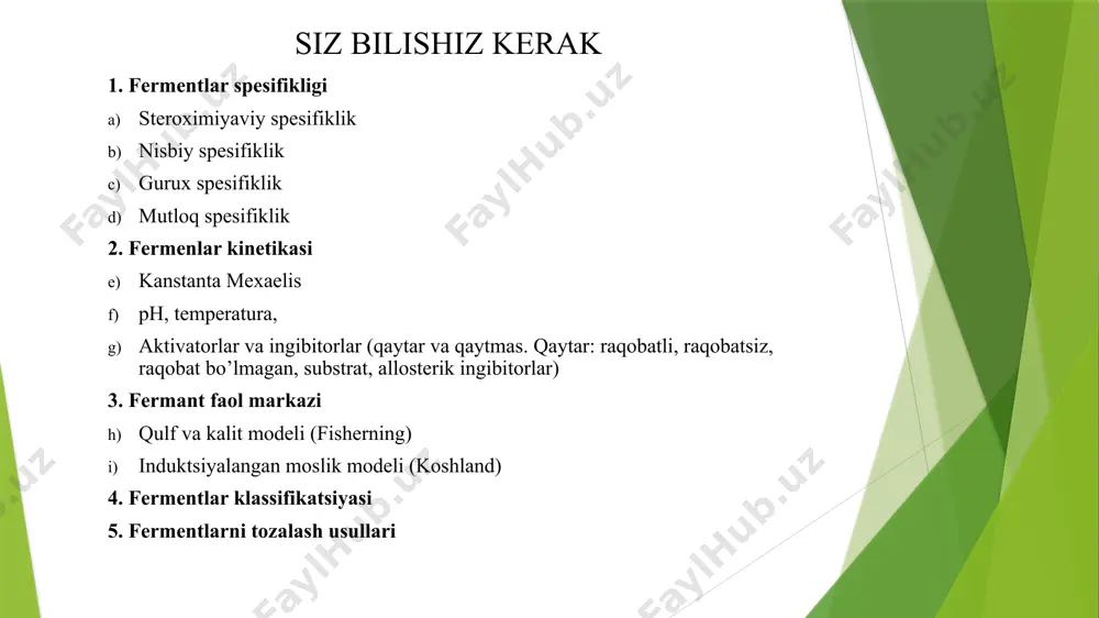 g'langan faol joyga ega. 3. fermentning faolligiga ferment konsentratsiyasi, substrat, harorat, ph va boshqalar kabi omillar ta'sir qiladi. yarim maksimal tezlikni hosil qilish uchun substrat konsentratsiyasi mixaelis doimiysi (km qiymati) deb nomlanadi. 4. fermentlar faoliyati qaytariluvchi (raqobatbardosh va raqobatdosh bo'lmagan), qaytarilmas va allosterik usullar bilan ingibirlanadi. 5. ko'pgina fermentlar o'z ta'siri uchun kofaktorlar (kofermentlar) deb ataladigan ma'lum oqsil bo'lmagan moddalarni talab qiladi. kofermentlarning aksariyati b-kompleks vitaminlarining hosilalaridir (masalan, nad+, fad, tpp va boshqalar). 6. fermentning ta'sir qilish mexanizmi qulf va kalit modeli (fisherning), yaqinda induktsiyalangan moslik modeli (koshland) va substrat deformatsiyasi nazariyasi bilan izohlanadi. 7. fermentlar kislota-asos kataliz, kovalent kataliz yoki yaqinlik kataliz orqali reaksiya tezligini oshiradi. 8. tirik tizimda allosterik mexanizm, profermentlarning faollashuvi, fermentlarning sintezi va parchalanishi va hokazolar natijasida yuzaga kelgan fermentlar darajasining doimiy tartibga solinishi mavjud. 9. qon tarkibidagi fermentlarini baholash bir qancha kasalliklarni tashxislashda katta yordam beradi. o'tkir pankreatitda qonda amilaza va lipaza ko'payadi; gepatitda alanin …