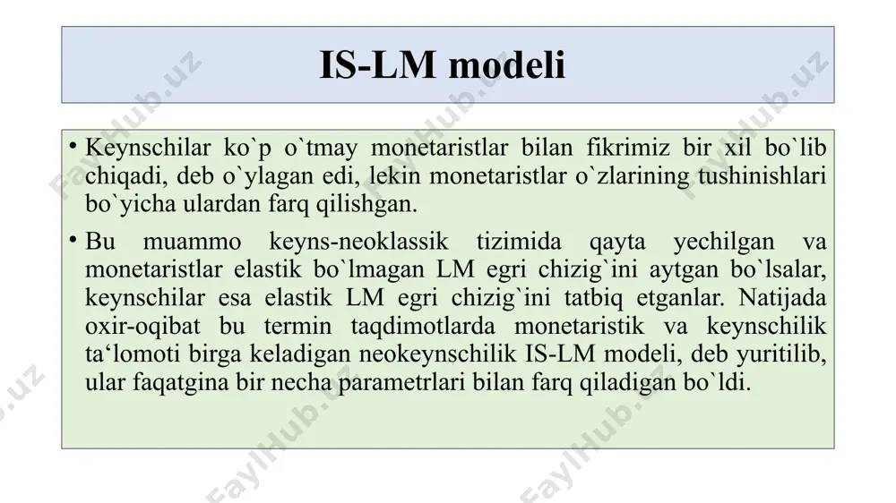 turli (afrika) milliy hukumatlariga tegishli bo'lib kelgan va hech qachon qum tanqisligini boshdan kechirmagan. fridmanning fikricha, davlat siyosati kuch yordamida yaratiladi va amalga oshiriladi va bu kuch ixtiyoriy savdodan kelib chiqmaydigan kutilmagan oqibatlarni keltirib chiqaradi. hukumatning siyosiy kuchi boylar va makkorlar uchun undan noto'g'ri foydalanish uchun turtki yaratadi va fridman "hukumat muvaffaqiyatsizligi" deb atagan narsaga yordam beradi. monetarizm va keynslik o'rtasidagi farq nima? oddiy qilib aytganda, monetarizm siyosatchilar pul massasini boshqarish orqali iqtisodni eng yaxshi nazorat qilishlari mumkinligini ta'kidlaydi, keynschilik esa bunga davlat xarajatlari orqali erishiladi deb hisoblaydi. amalda hukumatlar iqtisodiyotni shakllantirish uchun ham pul-kredit siyosatidan, ham fiskal xarajatlardan foydalanadilar. monetarizmga misol nima? yuqorida aytib o'tilganidek, pul-kredit siyosati kengaytiruvchi yoki qisqartiruvchi bo'lishi mumkin. agar markaziy bank foiz stavkalarini pasaytirsa yoki majburiy rezervlarni kamaytirsa, u ekspansion pul-kredit siyosatini olib boradi. ushbu harakatlar pul taklifini oshiradi, jismoniy shaxslar, kompaniyalar va banklar o'rtasida qarz olishni rag'batlantiradi. buning aksi - zaxira talablarini oshirish yoki …
