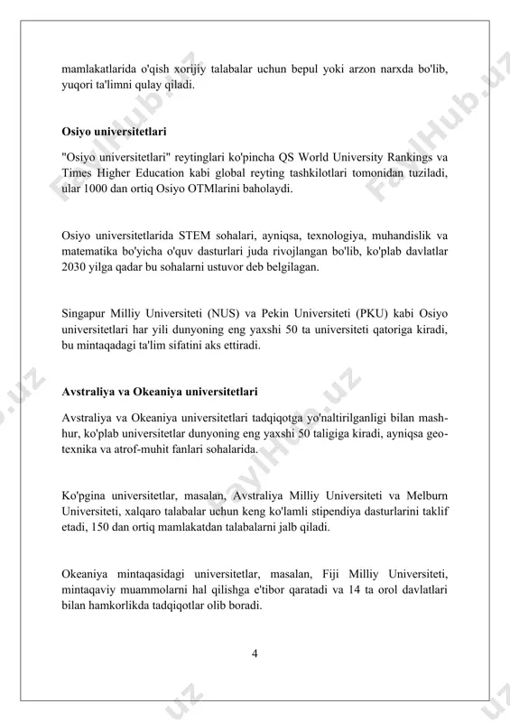 li oʻtkaziladigan “ilm-fan haftaligi” kabi tadbirlar orqali talabalarning ilmiy izlanishlarini qoʻllab-quvvatlaydi, unda 500 dan ortiq talaba ishtirok etadi. ilmiy tadqiqot va innovatsiyalar «ilmiy tadqiqot va innovatsiyalar» sohasida o‘zbekiston 2030 yilga borib global innovation index reytingida top 50 talikka kirishni maqsad qilgan. davlat ilmiy dasturlari har yili o‘zbekiston respublikasi vazirlar mahkamasi tomonidan tasdiqlanadi, 50 dan ortiq yo‘nalish bo‘yicha ilmiy tadqiqotlarni qo‘llab-quvvatlaydi. innovatsion rivojlanish vazirligi startaplarni moliyalashtirish uchun 100 milliard so‘mdan ortiq grant ajratadi, bu esa o‘z navbatida 200 dan ziyod loyihalarni amalga oshirishga yordam beradi. bitiruvchilarning muvaffaqiyati bitiruvchilarning muvaffaqiyati ko'pincha ularning tadbirkorlik faoliyatida namoyon bo'ladi, bunda 5 yillik ish tajribasiga ega bo'lganlar o'z bizneslarini ochish imkoniyatiga ega. universitetlarning reytingi bitiruvchilarning bandlik darajasi va o'rtacha ish haqi bilan belgilanadi, masalan, 90% bandlik ko'rsatkichi yuqori baholanadi. bitiruvchilarning muvaffaqiyatini baholashda ularning ilmiy darajalari, grantlar olishi va 3 yillik davrdagi ilmiy nashrlari ham muhim ahamiyatga ega. kelajak tendensiyalari universitetlarda sun'iy intellekt (si) va mashinalarni o'rganish …