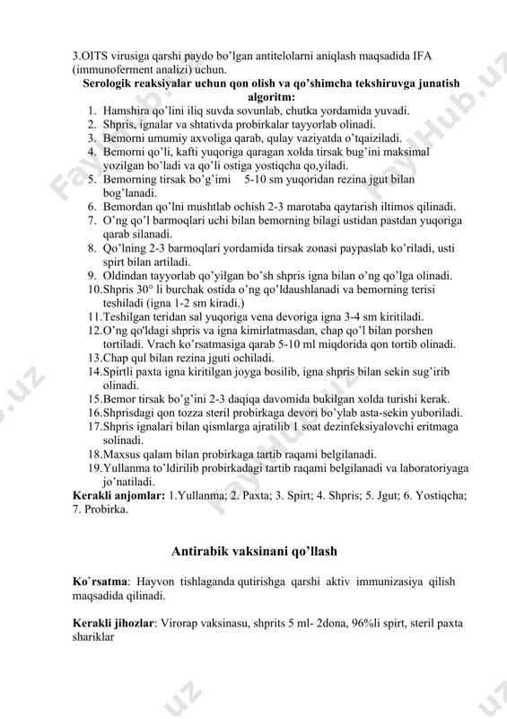 maxsus kiyim shoshilmasdan malum tartibda kiyiladi va uni ish jarayonida to’g’irlash man etiladi. 2.kostyum ish tugaganda to’liq yuqumsizlantirgandan keyin yechish uchun ajratilgan maxsus xonada yechiladi. 3.kiyimlar yechilib darhol dez eritmalar saqlangan idishlarda (baklarda) zararsizlantiriladi. serologik reaksiyalar uchun qon olish va qo’shimcha tekshiruvga jo’natish kursatma: 1. kbr, gtr reaksiyalari bemorning qon zardobida gripp antitelasi topishga asoslangan. 2.brusellyoz kasalligida rayt va xeddelson serologik reaksiyasini qo’yish uchun. 3.oits virusiga qarshi paydo bo’lgan antitelolarni aniqlash maqsadida ifa (immunoferment analizi) uchun. serologik reaksiyalar uchun qon olish va qo’shimcha tekshiruvga junatish algoritm: 1. hamshira qo’lini iliq suvda sovunlab, chutka yordamida yuvadi. 2. shpris, ignalar va shtativda probirkalar tayyorlab olinadi. 3. bemorni umumiy axvoliga qarab, qulay vaziyatda o’tqaiziladi. 4. bemorni qo’li, kafti yuqoriga qaragan xolda tirsak bug’ini maksimal yozilgan bo’ladi va qo’li ostiga yostiqcha qo,yiladi. 5. bemorning tirsak bo’g’imi 5-10 sm yuqoridan rezina jgut bilan bog’lanadi. 6. bemordan qo’lni mushtlab ochish 2-3 marotaba qaytarish iltimos qilinadi. 7. …