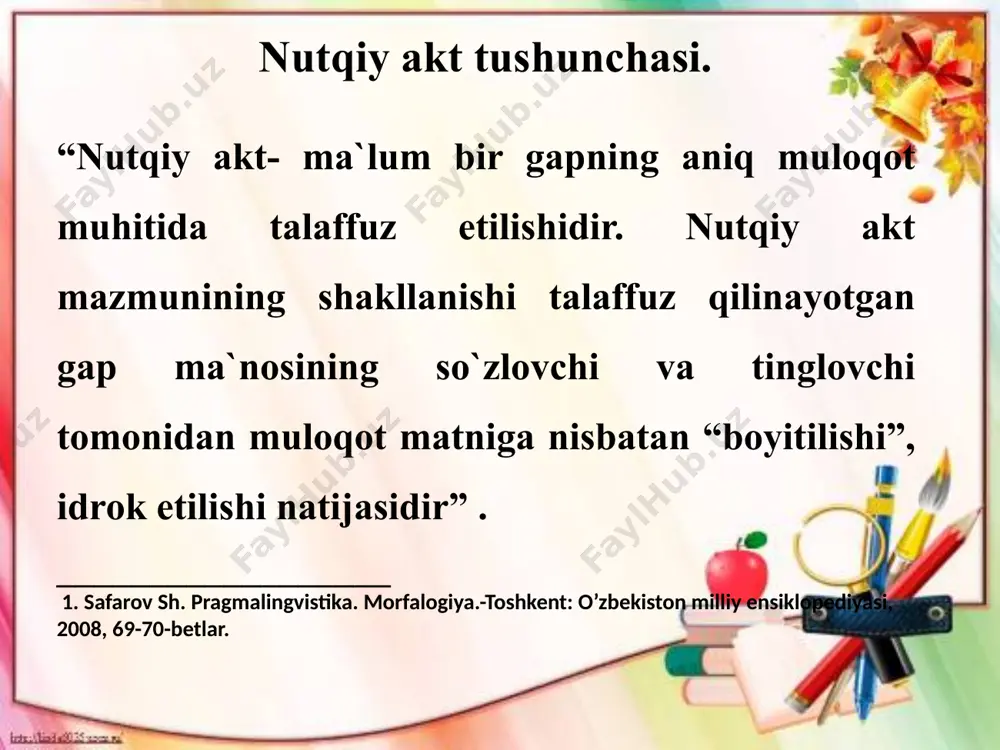 akt nutqiy akt turlari: xabar nutqiy akti; haqorat nutqiy akti; ayblov nutqiy akti; maqtov nutqiy akti; singari nutqiy akt turlari mavjud haqorat nutqiy akti- badiiy uslublarda asarning estetik-emotsionalligini oshirish maqsadida qo’llanadi va bu maqsadga muvofiqdir. umuman, haqorat nutqiy akti badiiy asarlarda qahramonlarning xarakter xususiyatlarini ochib berish uchun juda o’rinlidir. so’zlashuv nutqida esa insonning xarakterini ochib berish uchun ishlatiladi.masalan: sendaqa xotindan it asraganim yaxshi edi, padarla’nat! -ko‘pirib –toshardi mo‘min er. -hoziroq suyaklaringni mayda-mayda qilib tashlayman. buyruq akti. ayrim holatlarda nutqiy muloqot jarayonida buyruq ma’nosi so‘roq ohangi bilan ham ifodalanishi mumkin.masalan , -yelkamizni oftobga kuydirib ishlab yuraylig-u allaqanday tayinsiz kelib omborchi bo‘lib olsa-a…mayli , bo‘lsa bo‘laversin. qandini ursin. ammo-lekigin halol ishlasin-da!. buyruq akti. ayrim holatlarda nutqiy muloqot jarayonida buyruq ma’nosi so‘roq ohangi bilan ham ifodalanishi mumkin.masalan , -yelkamizni oftobga kuydirib ishlab yuraylig-u allaqanday tayinsiz kelib omborchi bo‘lib olsa-a…mayli , bo‘lsa bo‘laversin. qandini ursin. ammo-lekigin halol ishlasin-da!...[4, 69-bet] -muncha baqirasan ? -derdi unga …
