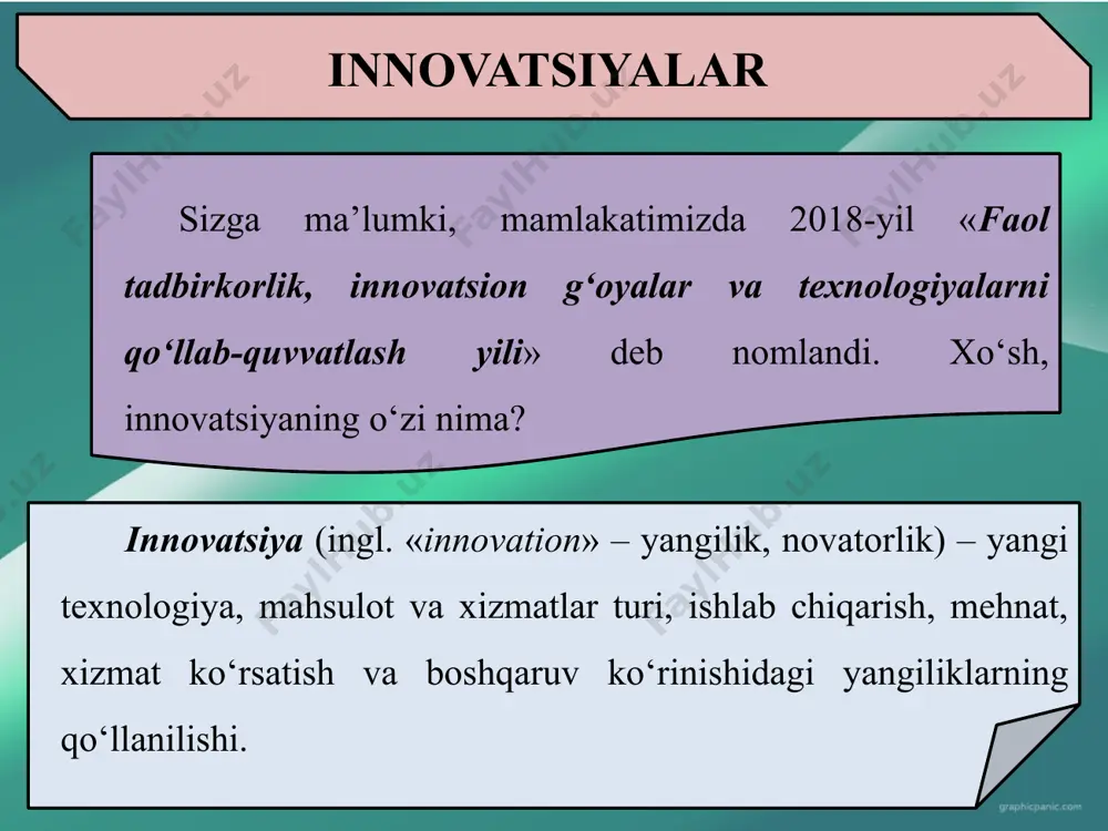 atda tasavvur haqiqiy holatga ko‘ra ijobiyroq, yuqoriroq bo‘ladi va u yangi o‘zgarishlar qilishga undaydi; 3. jarayon ehtiyojlari asosidagi yangiliklar. siz biron-bir jarayonni kuzatib turib, bu yerda nimadir yetishmayotganligini his etasiz. uni to‘ldirish esa yangilikning yaratilishiga olib keladi; 4. faoliyat yo‘nalishingiz yoki mahsulot bozorida ro‘y beruvchi favqulodda o‘zgarishlar; 5) bilimdagi o‘zgarishlar. sizning biron-bir mahsulot yoki jarayon to‘g‘risida yangi ma’lumotga ega bo‘lishingiz darhol uni amaliyotga joriy etishga undaydi. bu esa yangi bilim asosida yangi mahsulot yoki xizmatlarga asos solinishiga olib kelishi mumkin. bilimingizni sinab ko‘ring! mamlakatimizda 2018-yilning «faol tadbirkorlik, innovatsion g‘oyalar va texnologiyalarni qo‘llab-quvvatlash yili» deb nomlanishiga sabab nima? innovatsiya so‘zining ma’nosi nima? korxonaning innovatsion faoliyati nimani anglatadi? korxonada innovatsion faoliyatni amalga oshirish natijasini qanday baholash mumkin? image1.jpeg image2.png image3.png image4.png image5.png image6.png image7.png image8.png /docprops/thumbnail.jpeg