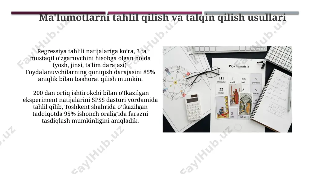 zieksperimental tadqiqotlar, turli ta’lim usullarining samaradorligini baholashda, nazorat guruhi yo‘qligi sababli, ichki amalga oshiruvchi o‘zgaruvchilarni nazorat qilishda muammolarga duch kelgan. psixometrik usullar: testlar va anketalar anketalar, masalan, likert shkalasi yoki semantik differentsial, 5-7 ballli shkala asosida javoblarni to'plash orqali o'zbekistondagi talabalarning fikrlarini o'rganishga yordam beradi. psixometrik usullar, shu jumladan, 30 ta savoldan iborat qisqa testlar, eksperimental tadqiqotlarda katta hajmdagi namunalar bilan ishlash imkoniyatini beradi va natijalarni statistik tahlil qilishni osonlashtiradi. arxivrevizyon usuli архивревизиён усулида 20 тадан ортиқ манбаларни таҳлил қилиш орқали, маълумотларнинг сифати ва ишончлилигини аниқлаш учун ҳар бир манбага 3 баллдан берилади ва умумий балл ҳисобланади. бу усул психологик тадқиқотларнинг натижаларини объектив баҳолашга ёрдам беради ва таҳлил қилинаётган 100 тадан ортиқ маълумотлар тўпламининг асослилигини текшириш имконини беради. psixologik tadqiqot usullarining umumiy tasnifi miqdorli (statistik tahlilni qo‘llaydigan, masalan, 30 ta o‘quvchi ustida o‘tkazilgan test natijalari) va sifatli (intervyu, chuqur tahlilni talab qiladigan, masalan, toshkentdagi 20 ta oila bilan suhbatlar) tadqiqot …