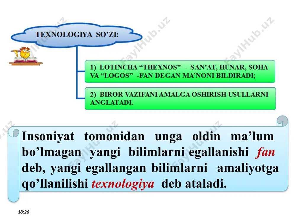ish. vi-xii asrlar axborot texnologiyalarining rivojlanish bosqichlari nutq. 50 ming yillar oldin yozuv. v-iv asrlar ilmiy-texnik revolyusiya. xx asrning o’rtalari axborot texnologiyalarini informatika kabi ilmiy fan sifatida shakllanishi o’tgan asrning 70-80 yillarida kompyuter texnikasining ommaviy rivojlanishi bilan bog’liqdir. sababi, dastavval kompyuterga ko’p mehnat talab qiladigan hisoblash jarayonlarni avtomatlashtirish vositasi sifatida qaralgan bo’lsa, keyinchalik u nafaqat sonli balki istalgan axborotlar bilan ishlash vositasiga aylana boshlandi. 18:26 axborot texnologiyalarining, hozirgi zamondagi o’rni va uning rivojlanish istiqbollari informatikaning dastlabki tarixini evolyusiyasi fizika va matematika kabi aniq fanlarning rivojlanishi, ilmiy texnika revolyusiyasini boshlanishi kitob chop qilinishi yozuvning yuzaga kelishi nutqni paydo bo’lishi va rivojlanishi axborotlarni uzatish va saqlash imkoniyalarini yuzaga keltirdi axborotlarni saqlash imkoniyatlari oshdi. pochta xizmati orqali axborotlarni uzoq masofalarga uzatish, fanlarni yuzaga kelishi va rivojlanishi dastlabki axborot texnologiyasi. yozma manbalar orqali axborotlarni tuzish, saqlash, qayta ishlash, uzatish imkoniyat-larini oshishi kuchli aloqa vositalari: radio, telefon, telegraf, televizorlarni yaratilishi. fotografiya va kino. axborotlarni magnit …