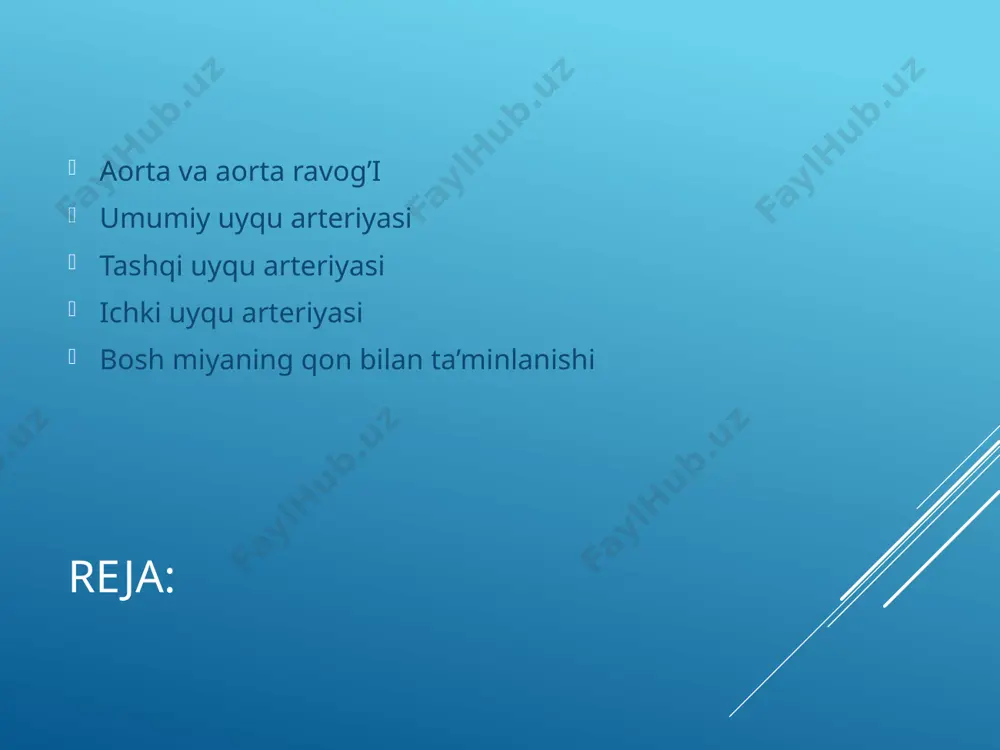 dastasini hosil qiladi chap umumiy uyqu arteriyasi chap o‘mrov osti arteriyasi chap o’mrov arteriyasi a. subclavia sinistra, aorta yoyining tarmog’i hisoblansa, o’ng o’mrov osti arteriyasi a.subclavia dextra truncus brachiocephalicus ning tarmog’i hisoblanadi. o’mrov osti arteriyasi plevra gumbaziga mos, yuqoriga qaragan yoy hosil qiladi. o’mrov osti arteriyasi ko’krak qafasini uning yuqori teshigi apertura superior orqali tashlab chiqadi. o’mrovga yaqin kelib, i qovurg’adagi bir xil nomi egati sulcus a. subclaviae da yotadi va i qovurg’adan qayrilib qo’ltiq sohasiga yo’naladi. aortaning tarmoqlanishi tashqi uyqu arteriyasi karotis arteriya ikkita shoxga ega: o'ng va chap. birinchisi elka tanasi mintaqasidan kelib chiqadi. chap arteriya, o'z navbatida, aorta kamari mintaqasidan boshlanadi.ushbu anatomik xususiyatlar tufayli chap arteriya o'ng tomirdan bir-ikki santimetr uzunroq. keyin u vertikal ravishda yuqoriga qarab harakatlanadi, bo'yin qismida joylashgan, so'ngra filiallar va boshning turli qismlarida joylashgan. ushbu arteriyaning asosiy vazifasi miyani qon bilan ta'minlashdir. bu faqat ushbu idishda normal qon aylanishiga xalaqit beradigan patologiyalar va …
