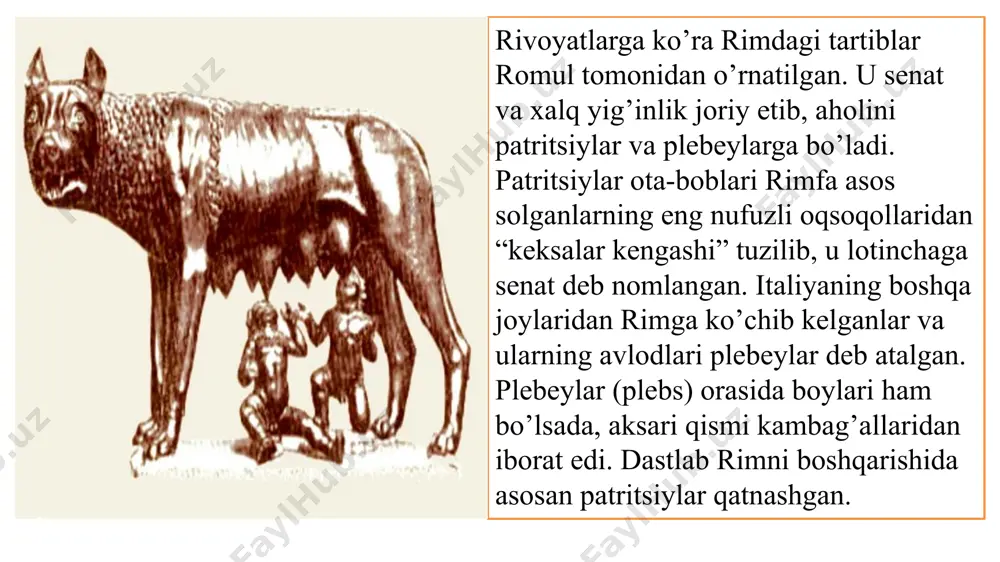ar edi. saylov kuni konsullika o’z nomzodini qo’ygan badavlat quldorlar “kandida” deb ataluvchi oq-harir libos kiyib olishgan. senat mamlakatda katta hokimiyatga ega bo’lgan .birorta ham qonun senatda muhokama etilmasdan turib, xalq majlisi tomonidan qabul qilinmas edi.asosiy mansabdor shaxslar –konsullar esa bevosita davlatni boshqarar edilar. senat 300 kishidan iborat bo’lgan. birorta ham qonun senatda muhokama etilmasdan turib, xalq majlisi tomonidan qabul qilinmas edi r i m r e s p u b l i k a s i b o sh q a r u v i konsul senat xalq majlisi xalq tribunalari 8 qullar - gladiatorlar omadli gladiatorlar katta pulli mukofotlar olardi va hammalarning hurmatini qozonardi. ko’pincha janglarda g’alaba qilgan gladiatorga yog’chli qilich berardilar, shu qilich uning ozodligi timsoli edi. ko’pincha ozodlikga erishgan gladiatorlar trenerlar bo’lishardi. 9 to’r va changak bilan qurollangan gladiator o’zini hech narsa bilan himoya qila olmasa ham, u raqibini to’r bilan o’rab tashlashi va changak bilan …