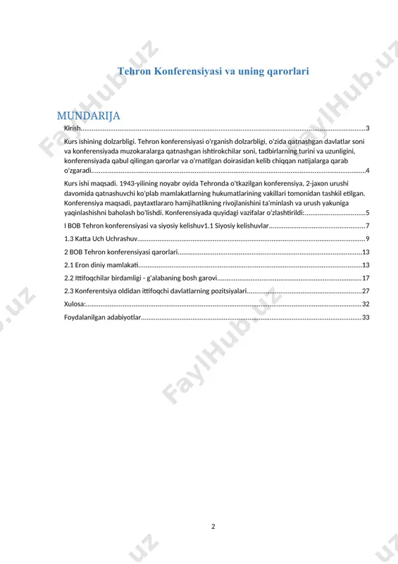 hraganidan keyin sovet ittifoqi yaponiyaga qarshi urushga kirishishi haqida kelishib oldilar. umuman olganda, tehron konferentsiyasi ikkinchi jahon urushidagi muhim burilish nuqtasi bo'lib, urushdan keyingi davrdagi ko'plab muhim siyosiy voqealar uchun zamin yaratdi. tehron konferensiyasi qarorlari tehron konferensiyasi 1943-yil 28-noyabrdan 1-dekabrgacha tehronda (eron) boʻlib oʻtgan yigʻilish boʻlib, ikkinchi jahon urushi davrida ittifoqdosh boʻlgan uchta yirik davlat rahbarlari: sovet ittifoqidan iosif stalin, aqshdan franklin ruzvelt oʻrtasida boʻlib oʻtgan va buyuk britaniyadan uinston cherchill. konferensiya fashistlar germaniyasi va uning ittifoqchilariga qarshi strategiyani muvofiqlashtirish maqsadida o'tkazildi. tehron konferensiyasi bir qancha muhim qarorlarni qabul qildi, jumladan: ittifoqchilar 1944-yil bahorida fashistlar tomonidan bosib olingan yevropaga bostirib kirish bo'yicha overlord operatsiyasini boshlashga kelishib oldilar. sovet ittifoqi germaniya mag'lub bo'lganidan keyin yaponiyaga qarshi urushga kirishga rozi bo'ldi. ittifoqchilar atlantika xartiyasining o'z taqdirini o'zi belgilash, qurolsizlanish va tinchlikni saqlash uchun jahon tashkilotini tuzishga chaqiruvchi tamoyillariga sodiqligini tasdiqladilar. sovet ittifoqi germaniya taslim bo'lganidan keyin uch oy ichida yaponiyaga urush e'lon …