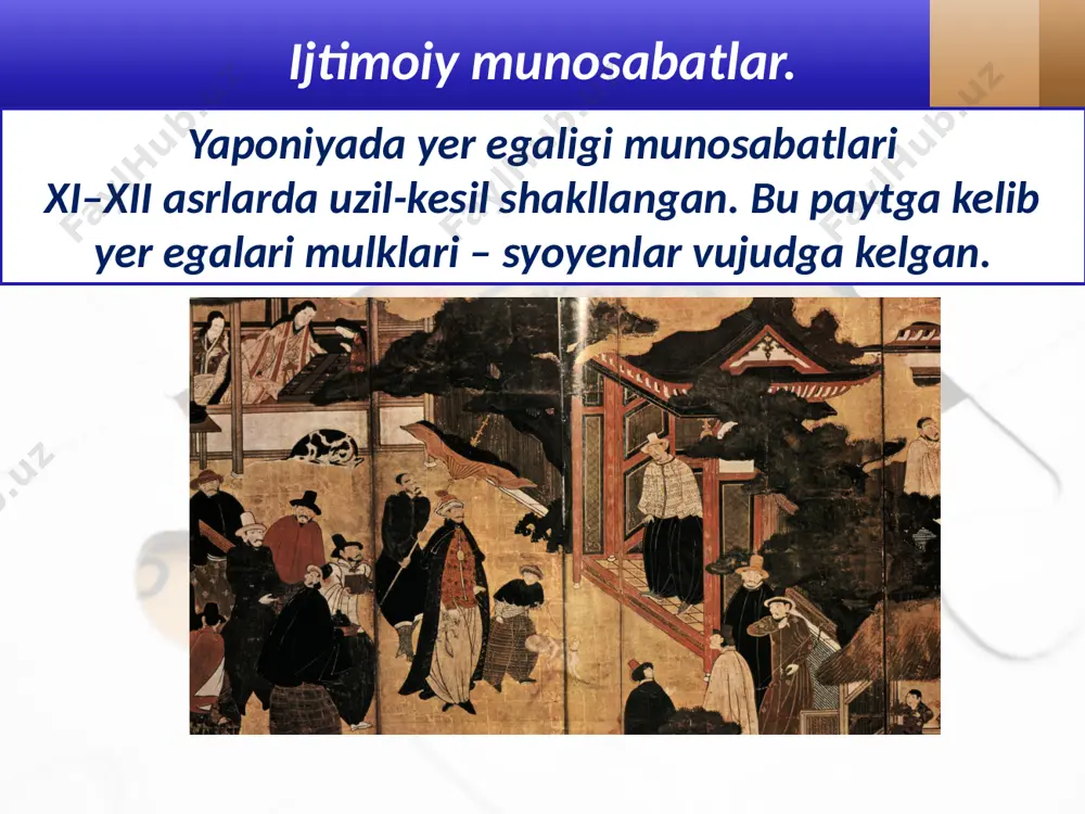 , xyogo, xakata, nagasaki kabi yirik, aholi zich yashaydigan port shaharlar bor edi. savol va topshiriqlar 1. yaponiyada xi–xii asrlarda yangi tuzum qanday shakllanib bordi? 2. yaponiya boshqaruv tizimi boshqà osiyo mamlakatlaridan nimalari bilan farq qilgan? 3. syogun unvonining ma’nosini ayting. 4. yaponiya shaharlari qanday rivojlangan? image2.jpg image3.jpeg image4.jpeg image5.jpeg image6.jpeg image7.jpeg image8.jpeg image9.jpeg image10.jpeg image11.emf image12.jpg image13.png image14.jpeg image15.jpeg image16.jpeg image1.jpg
