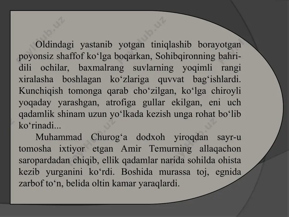 orim tarag‘ay bahodirning – unga parvardigor o‘z jannatini ato etsun – gapirg‘onlari esimda: «bobolardan eshitg‘onmen, bobolarim bobolaridan eshitg‘on ekanlar. bu hikmatlar buyuk turk xoqonligini boshqarg‘on bumin xoqon, istami xoqon zamonlaridan nasldan naslga o‘tib keladur, o‘g‘lim, – degandilar ul zot. ajdodlarimiz ulug‘larining parokanda yurtni ko‘rib, aytg‘on ushmundoq fig‘onli so‘zlarini hamisha yodingda tutg‘il: «jabrdiyda turk bek bo‘ladurg‘on o‘g‘il bolasi bilan dushmanga qul bo‘ldi, suluv qiz bolasi bilan cho‘ri bo‘ldi... davlatli xalq eding, davlating qani? xoqonli xalq eding, xoqoning qani? tepangda turk osmoni, pastda turk yeri bo‘lsa...» padari buzrukvorim o‘sha paytlarda turon zaminida yuz berayotg‘on boshboshdoqliklardan, har shahr-u qasabada bir hokim ekanidan, birlashish yo‘qligidan dillari ozor chekib o‘ksinardilar, «mana bu bechora xalqning qornini kim to‘yg‘izadi?..» – deb tashvish chekardilar. ko‘rdingmu, mamat? davlatli xalq ekanmiz! xoqonli xalq ekanmiz! kichikligimdan otamning o‘sha alamli so‘zlari ko‘nglimga o‘rnashdi, o‘sha davlatni barpo etishni niyat qildim... muhammad churog‘a dodxoh davlat borasidagi bunday so‘zlarni ilk bor eshitmoqda edi. sohibqiron hech …
